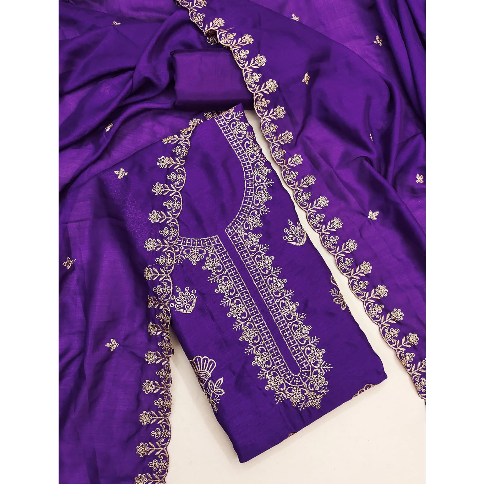 Violet Thread Embroidered Vichitra Silk Dress Material Perfect for Party & Festive Wear