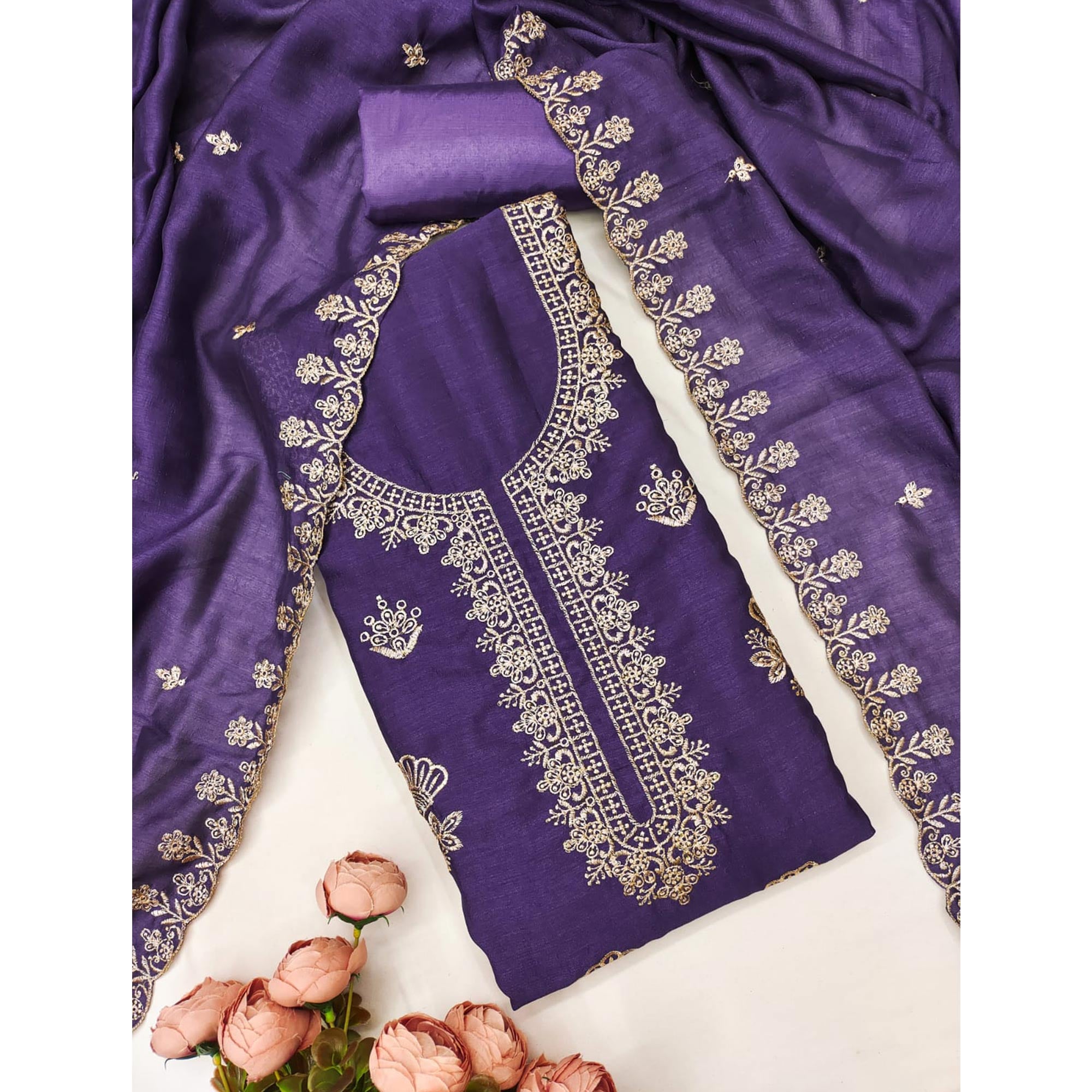 Light Violet Thread Embroidered Vichitra Silk Dress Material Perfect for Party & Festive Wear