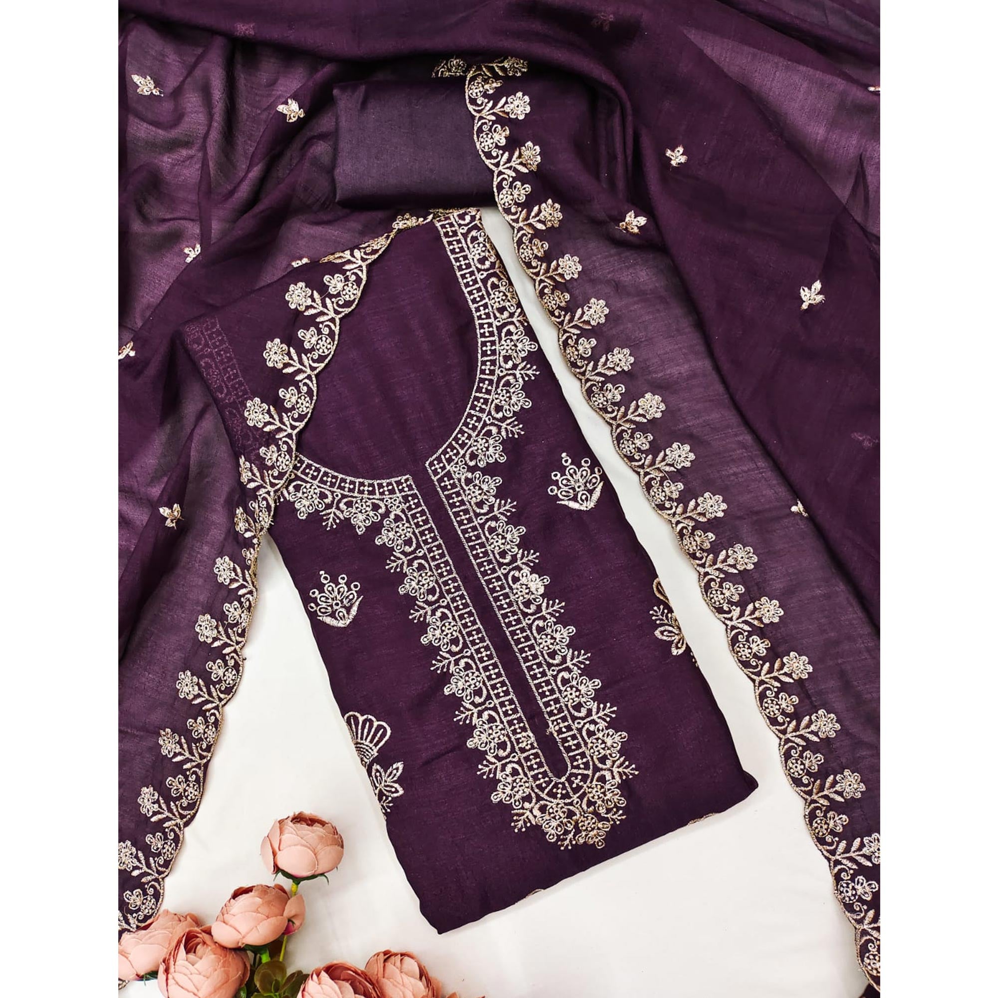 Wine Thread Embroidered Vichitra Silk Dress Material Perfect for Party & Festive Wear