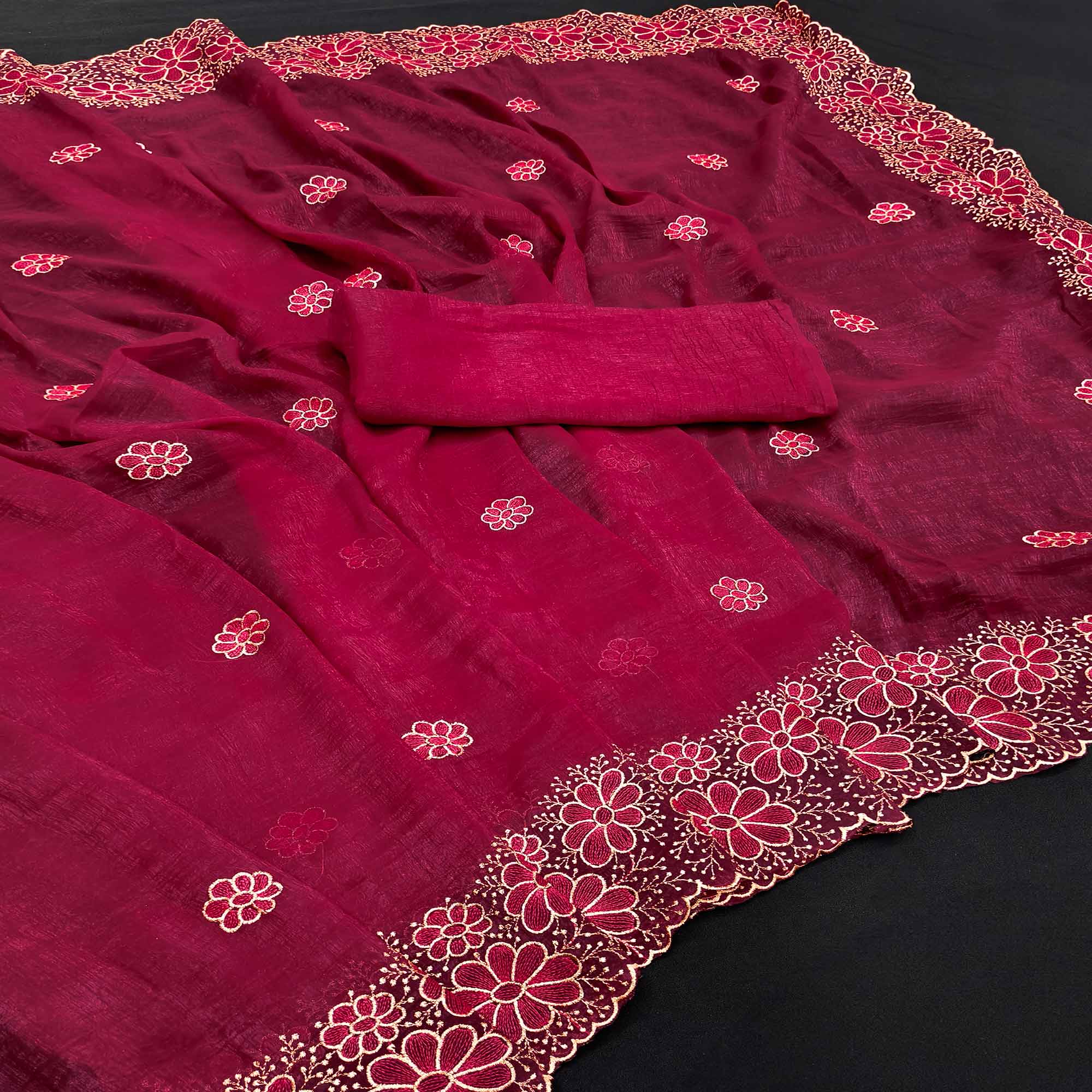 Pink Partywear Saree in Soft Chiffon with Intricate Floral Embroidery