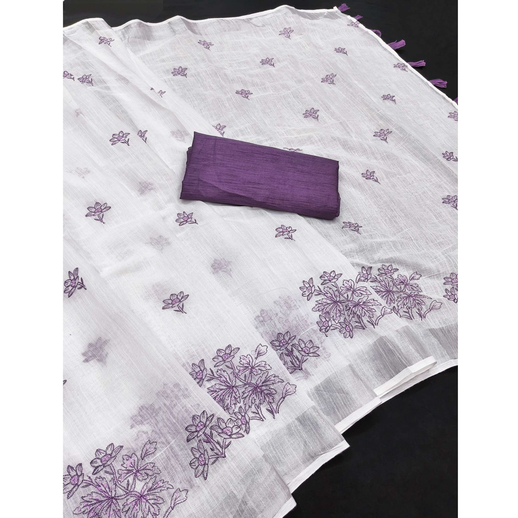 White & Lavender Floral Embroidered Linen Saree Perfect for Festive Occasions