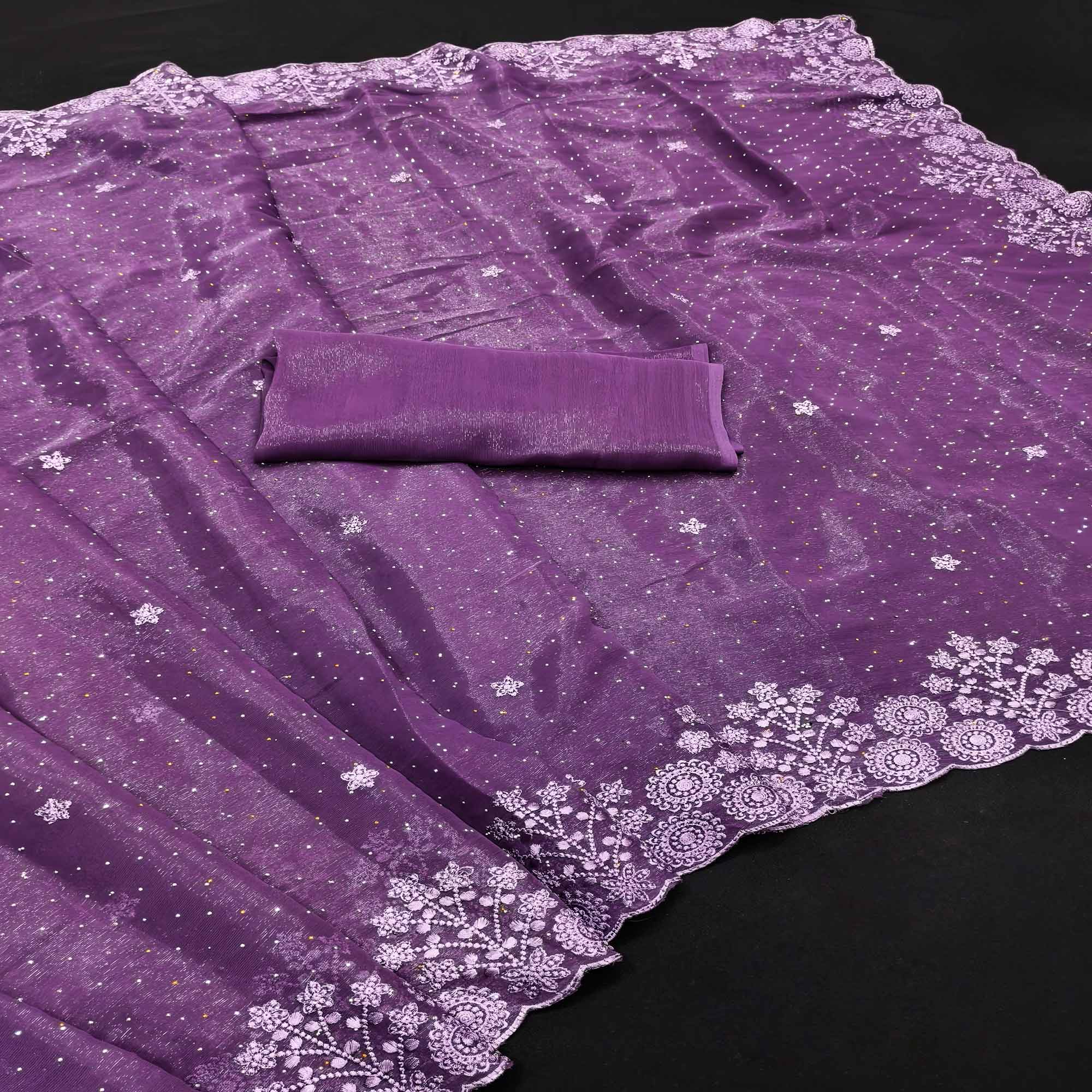 Lavender Chiffon Saree Featuring Delicate Floral Embroidery & Shimmering Stone Work