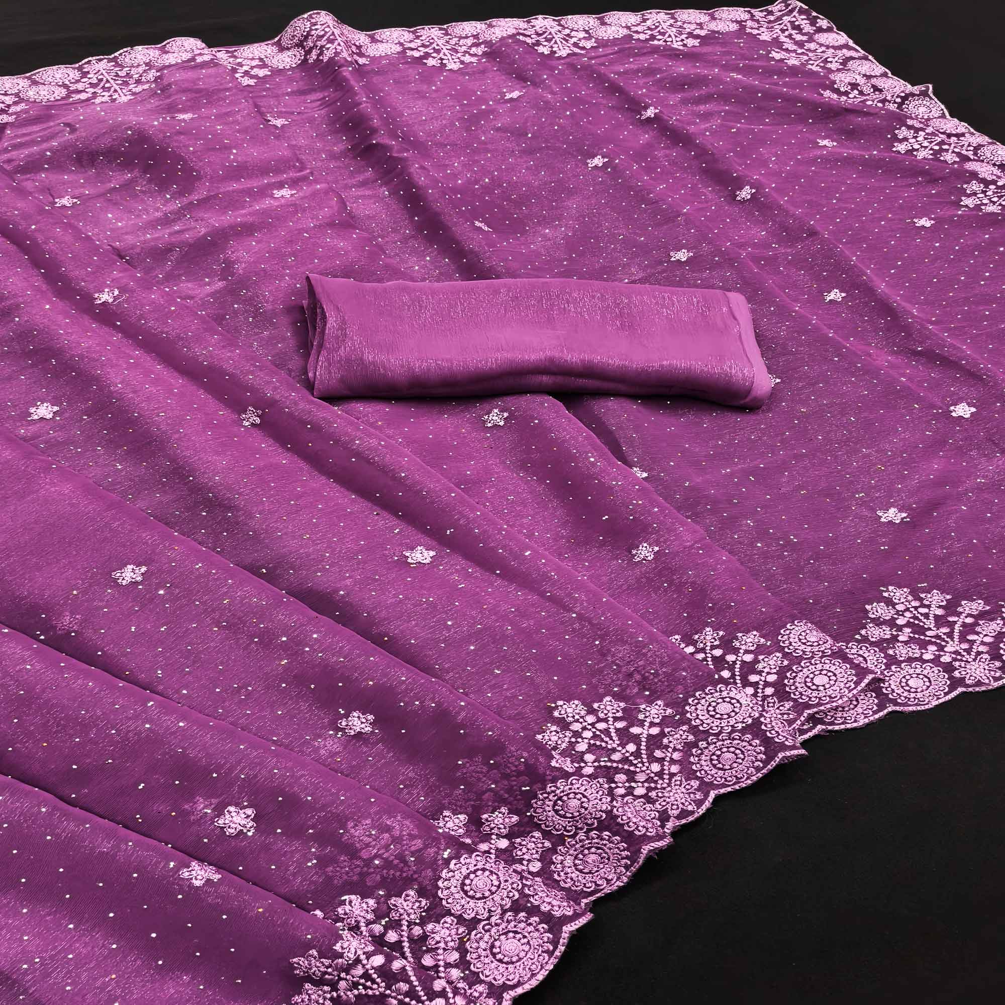 Purple Chiffon Saree Featuring Delicate Floral Embroidery & Shimmering Stone Work