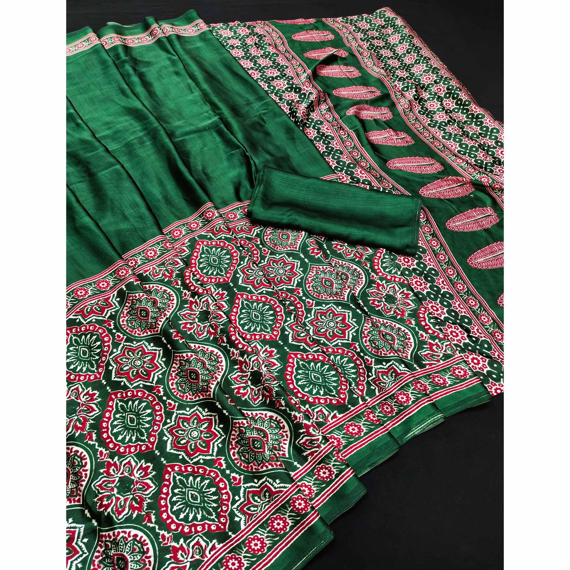 Heritage Inspired Green Crepe Silk Saree Featuring Ajrakh Block Print
