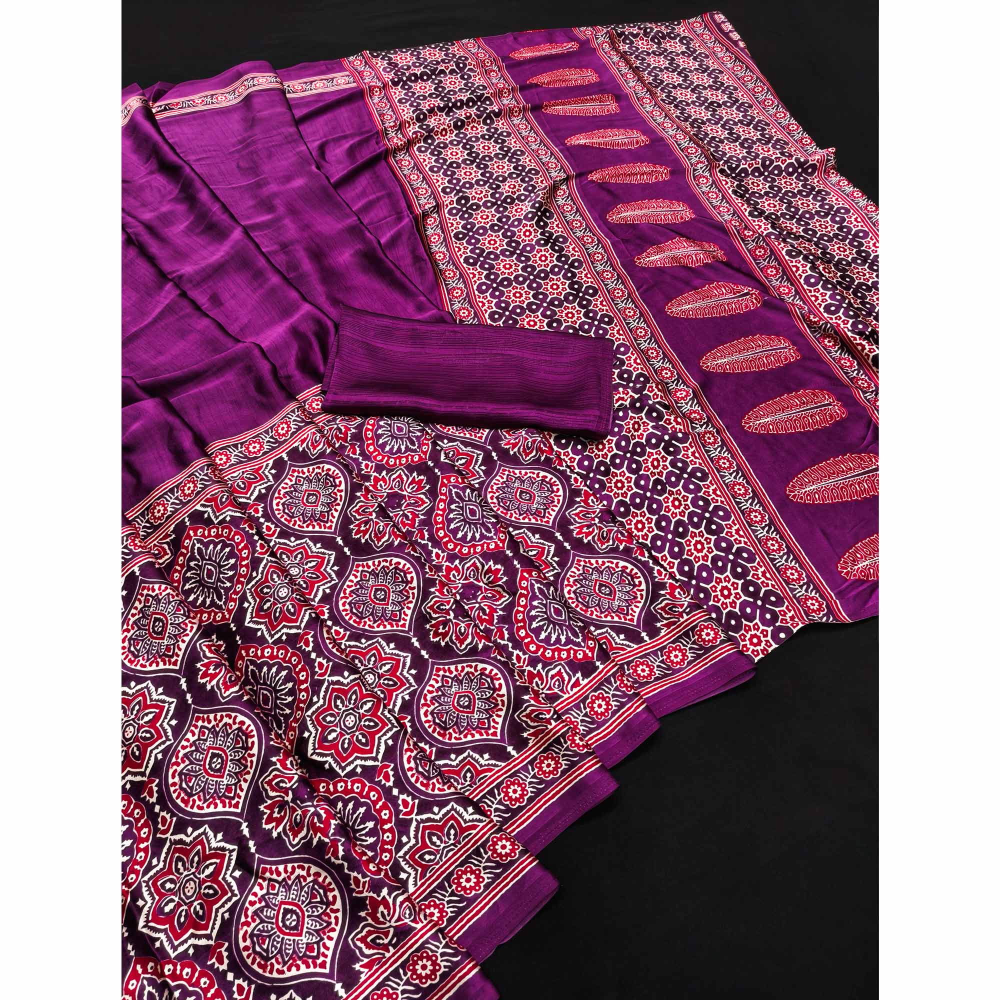 Heritage Inspired Magenta Crepe Silk Saree Featuring Ajrakh Block Print