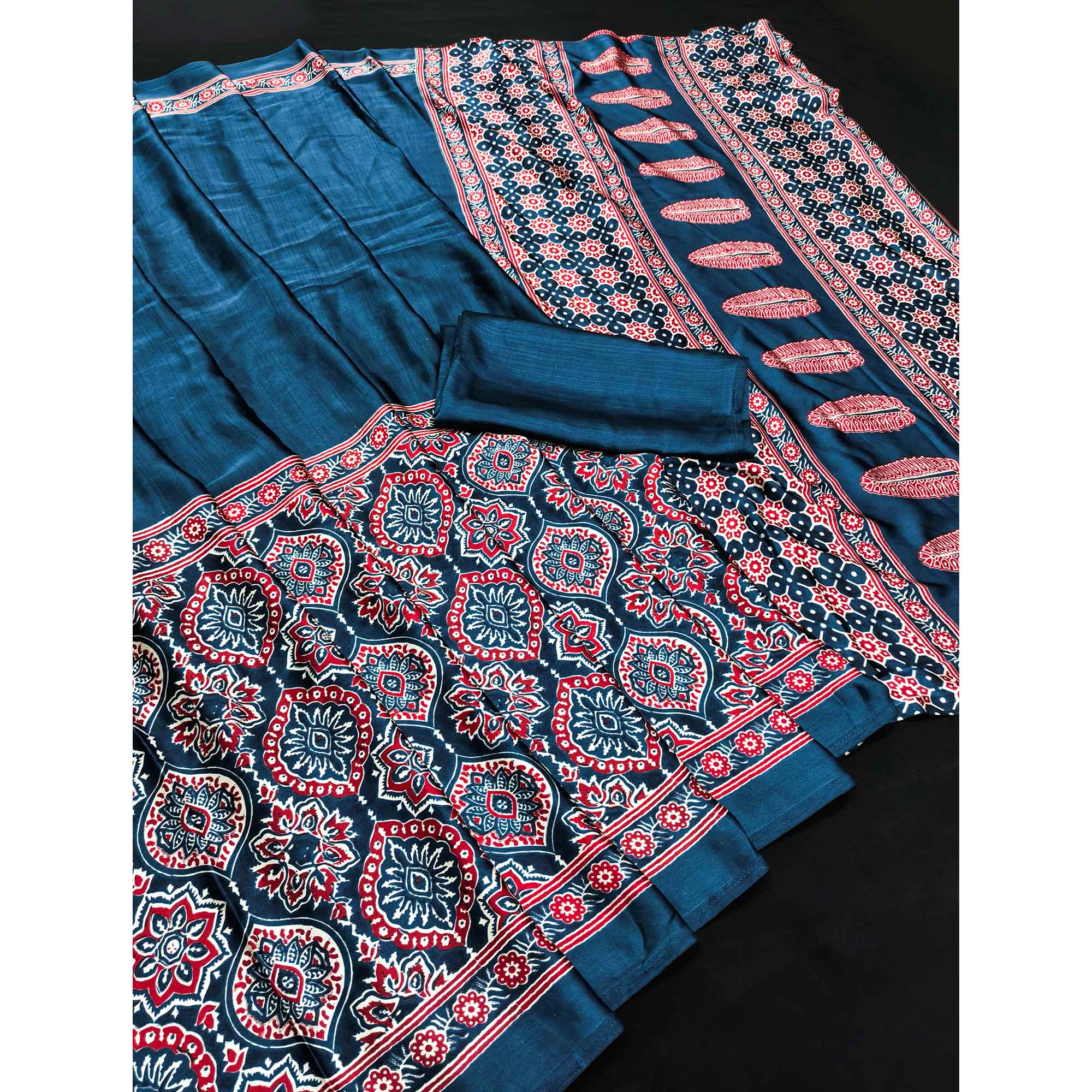 Heritage Inspired Teal Crepe Silk Saree Featuring Ajrakh Block Print