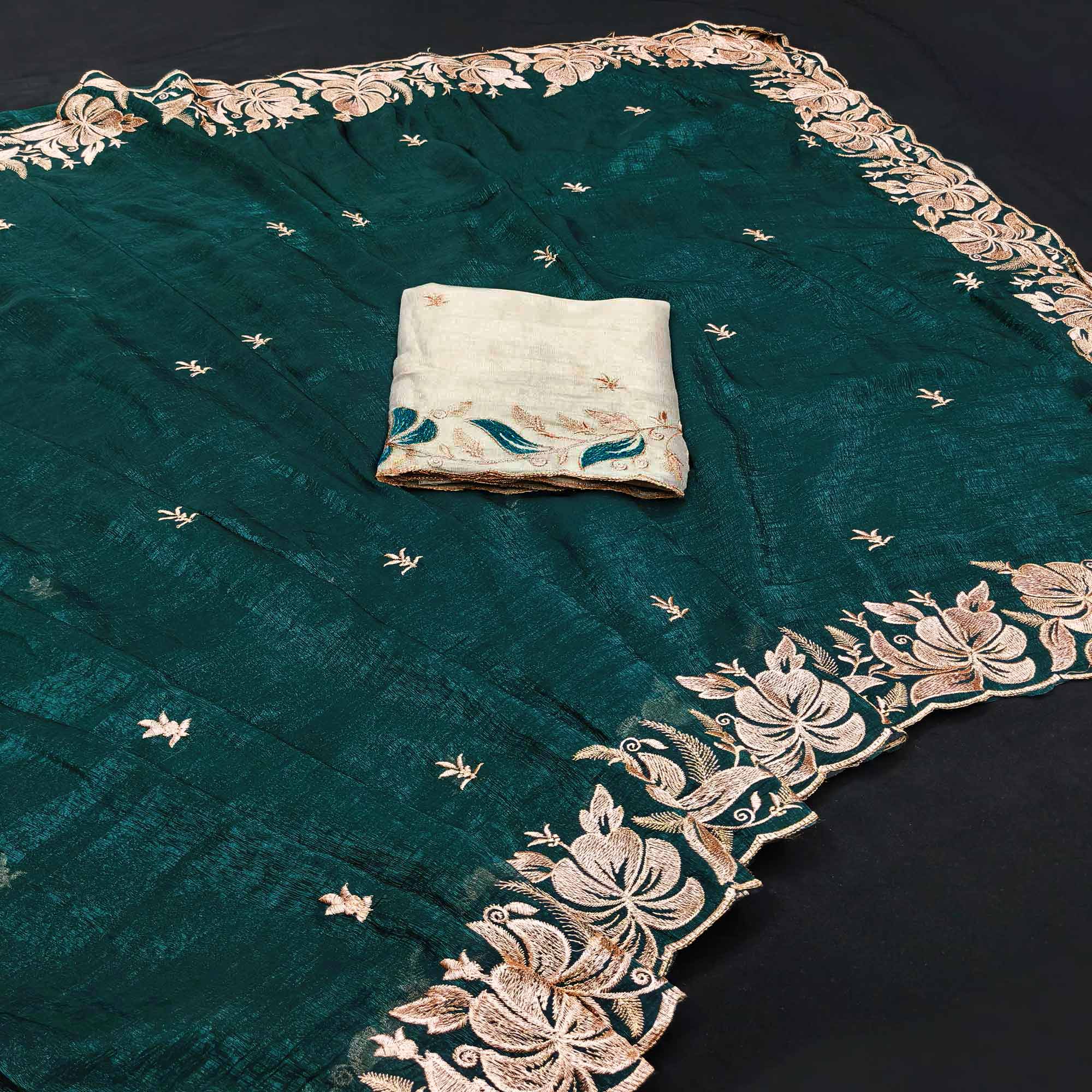 Morpich Green Golden Thread Embroidered Chiffon Saree for Elegant Evening & Celebration Styling
