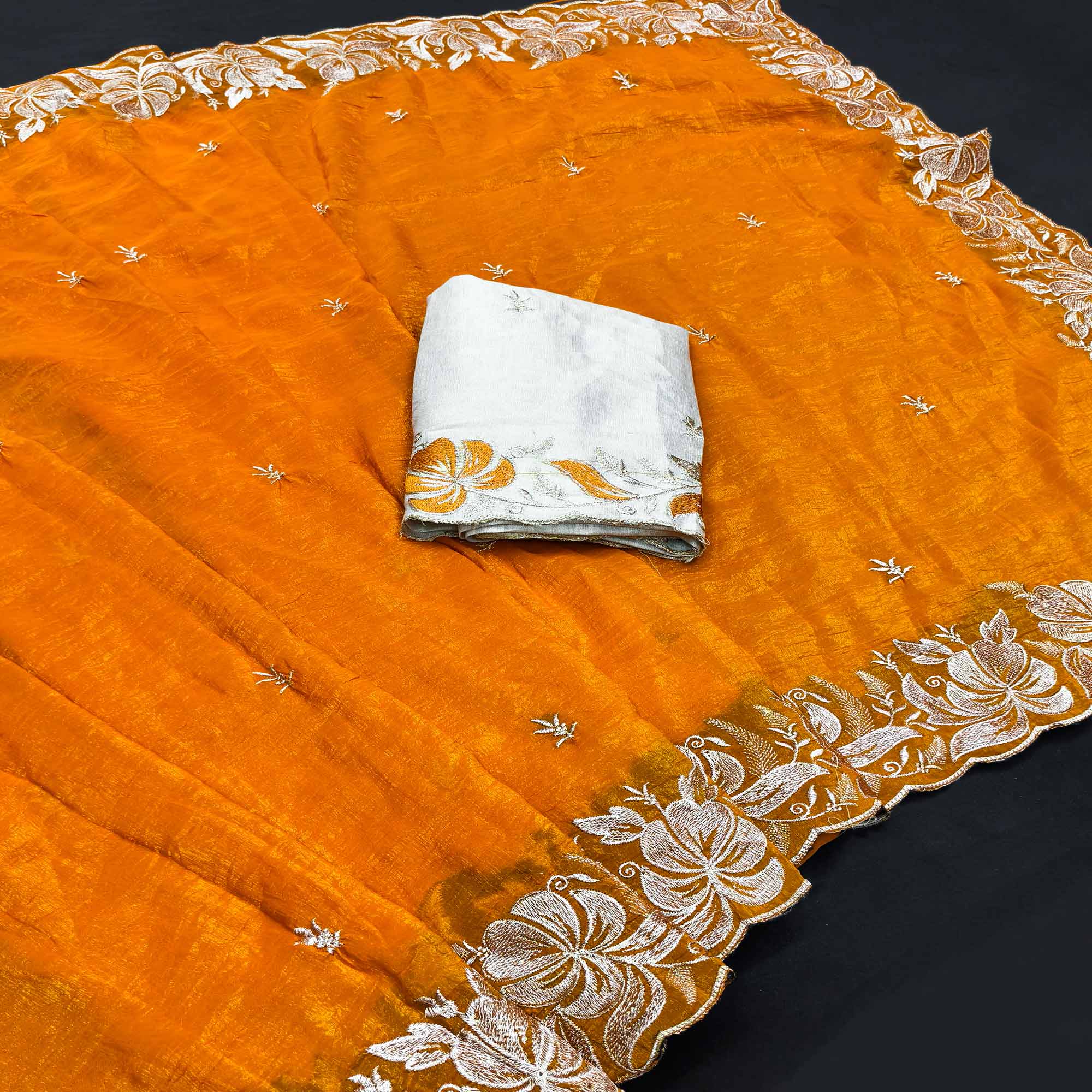 Mustard Golden Thread Embroidered Chiffon Saree for Elegant Evening & Celebration Styling