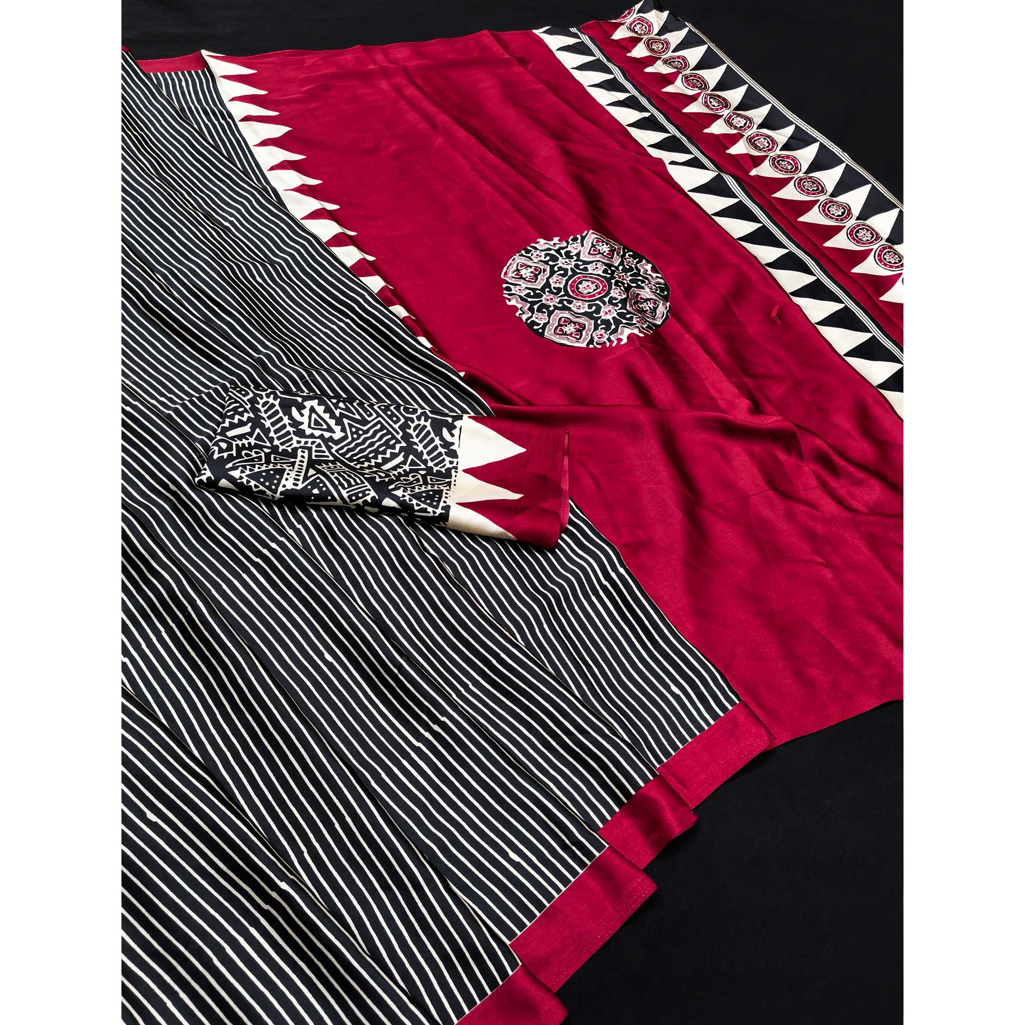 Black Crepe Silk Saree with Exquisite Ajrakh Pallu Detailing for Elegant Ethnic Styling