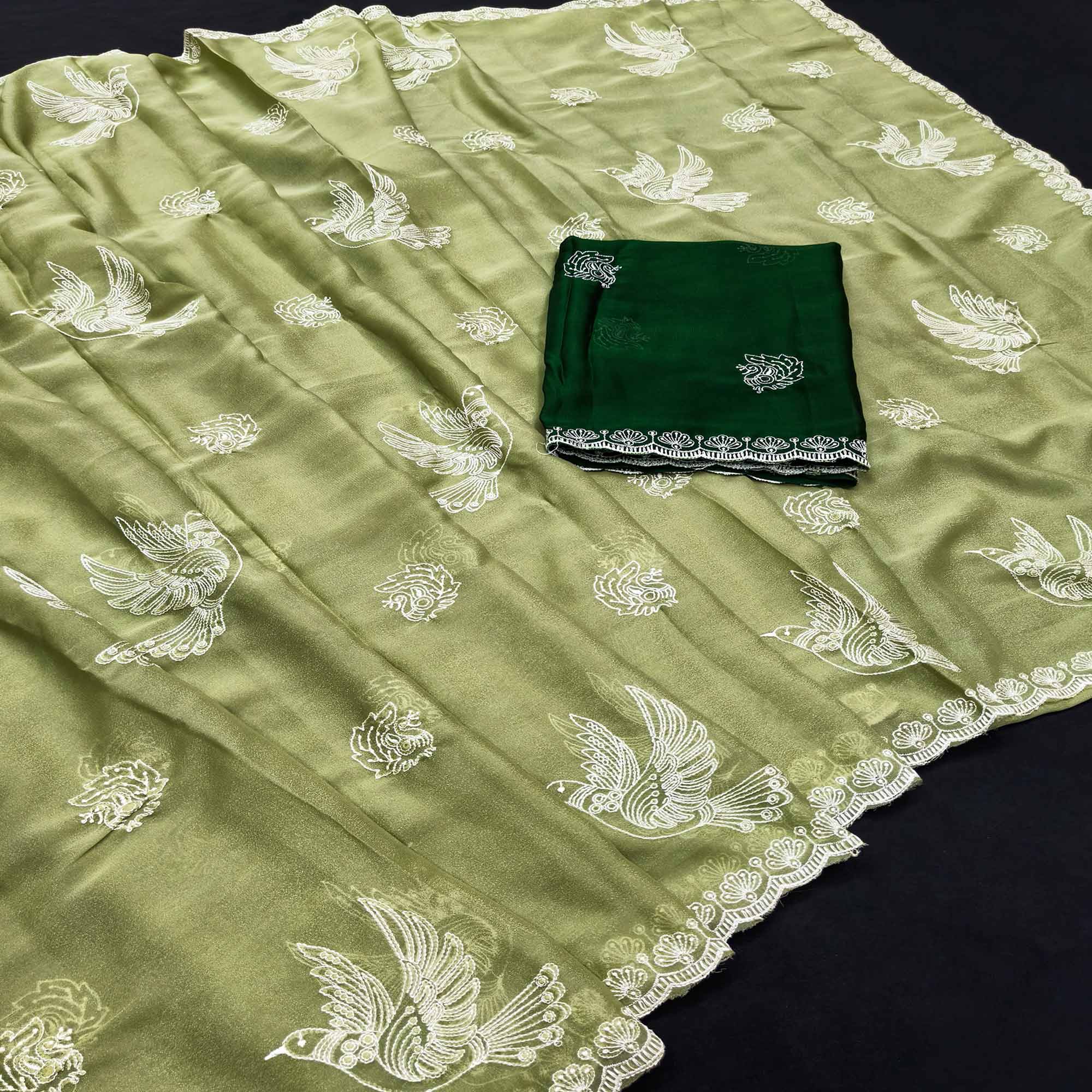 Lightweight Chiffon Saree in Green with Exquisite Thread Embroidered Detailing