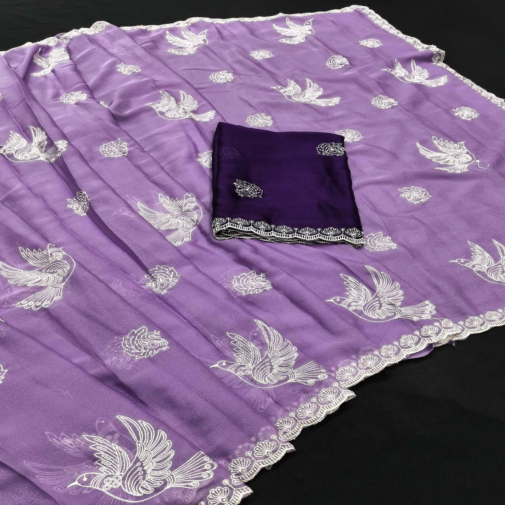 Lightweight Chiffon Saree in Lavender with Exquisite Thread Embroidered Detailing