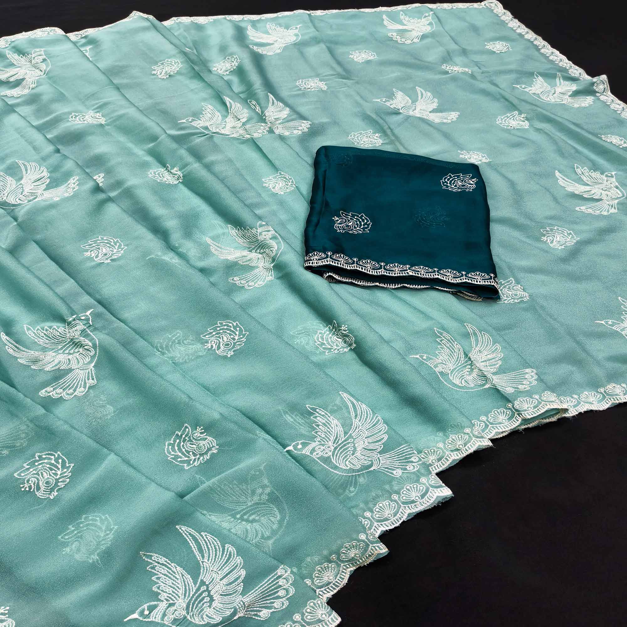 Lightweight Chiffon Saree in Turquoise with Exquisite Thread Embroidered Detailing