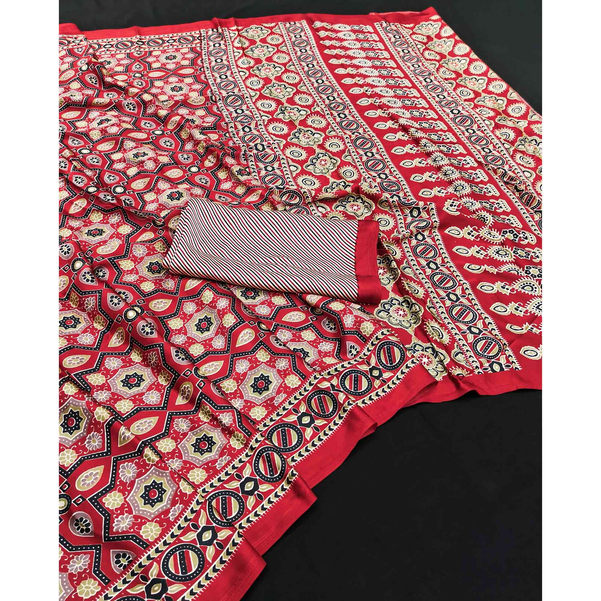 Modern Style Red Ajrakh Printed Crepe Silk Saree for Elegant Party Occasions