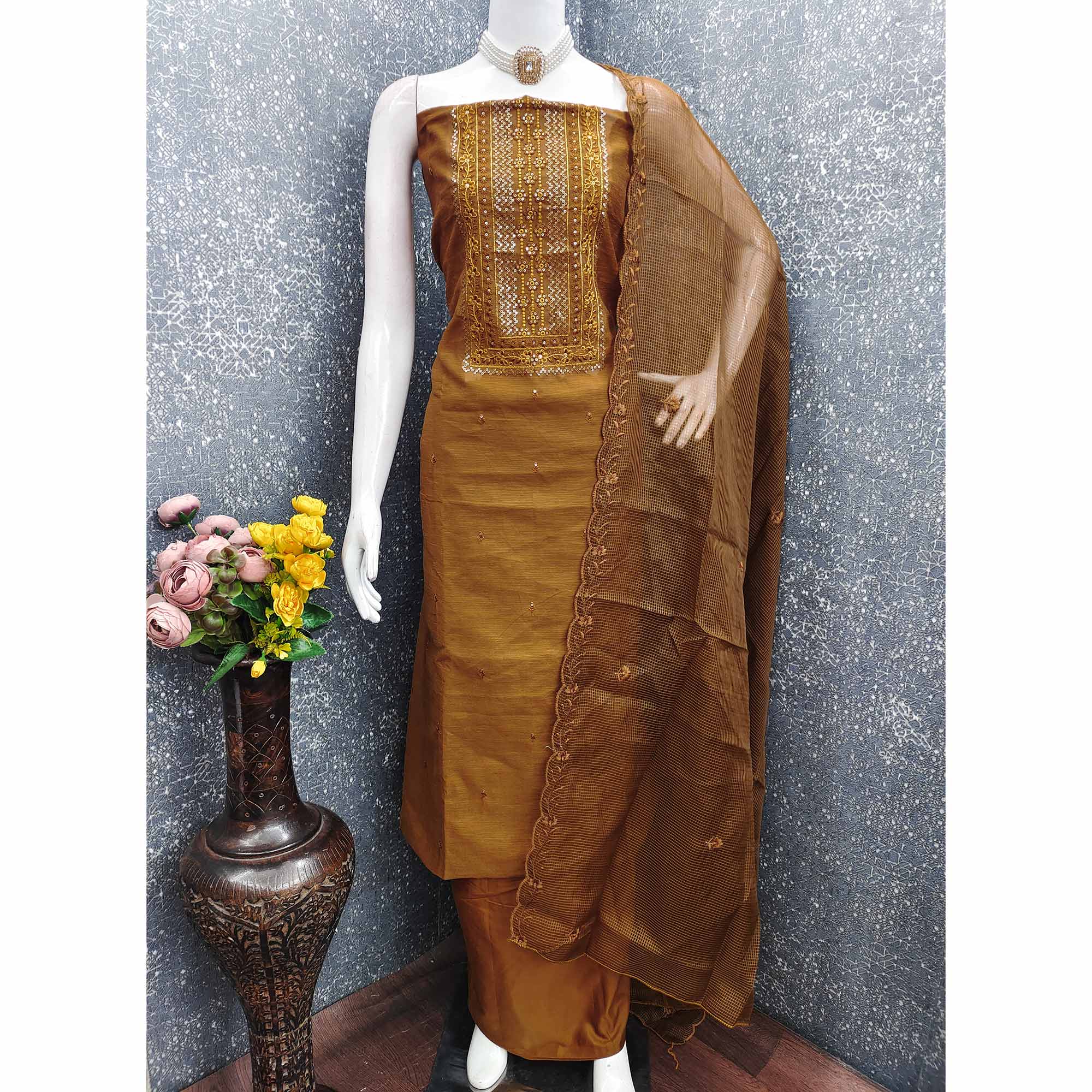 Classic Dark Mustard Chanderi Silk Dress Material With Exquisite Floral Sequins Embroidery