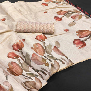 Stylish Beige Floral Print Art Silk Saree Enhanced With Tassel Pallu