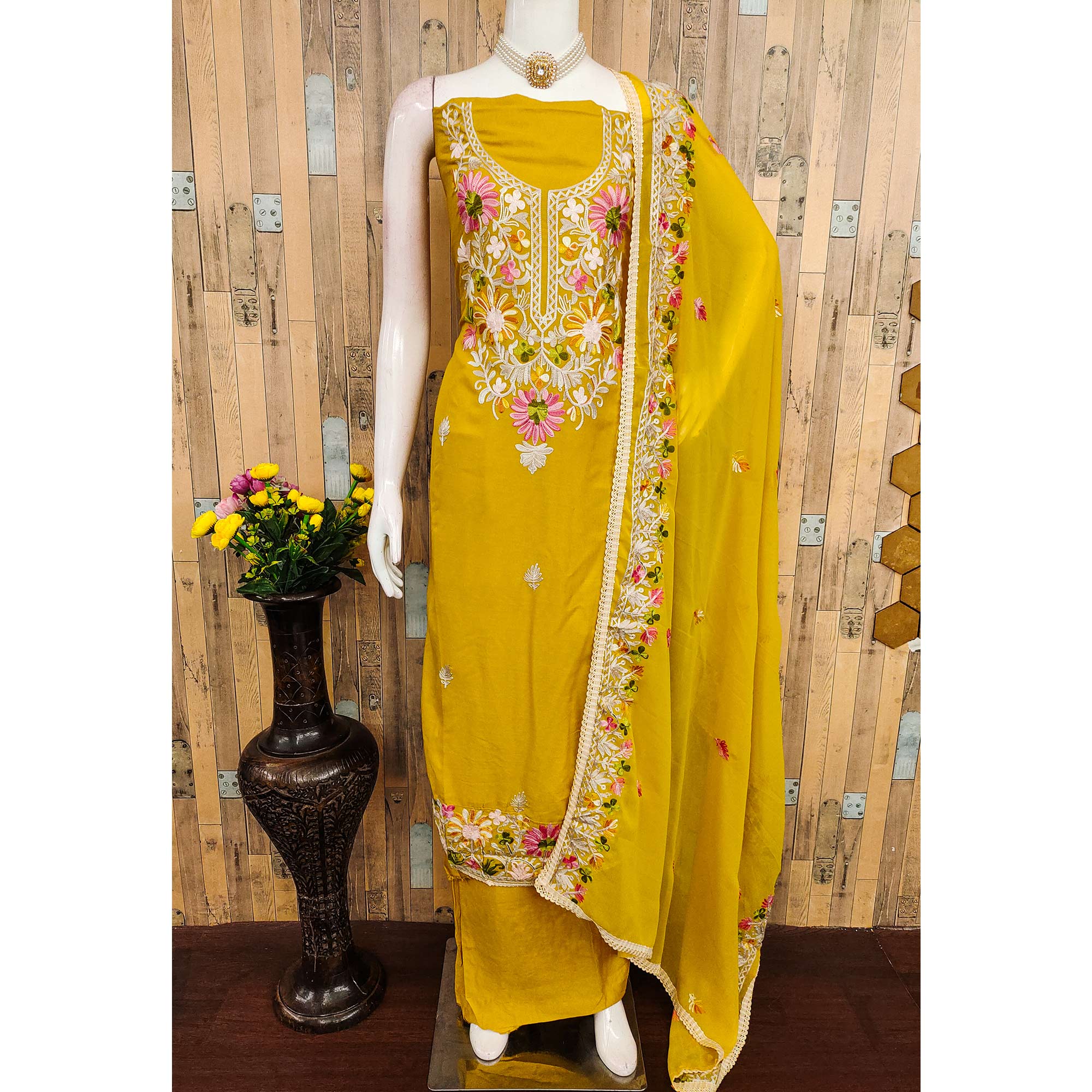 Elegant Yellow Floral Thread Embroidered Rayon Dress Material