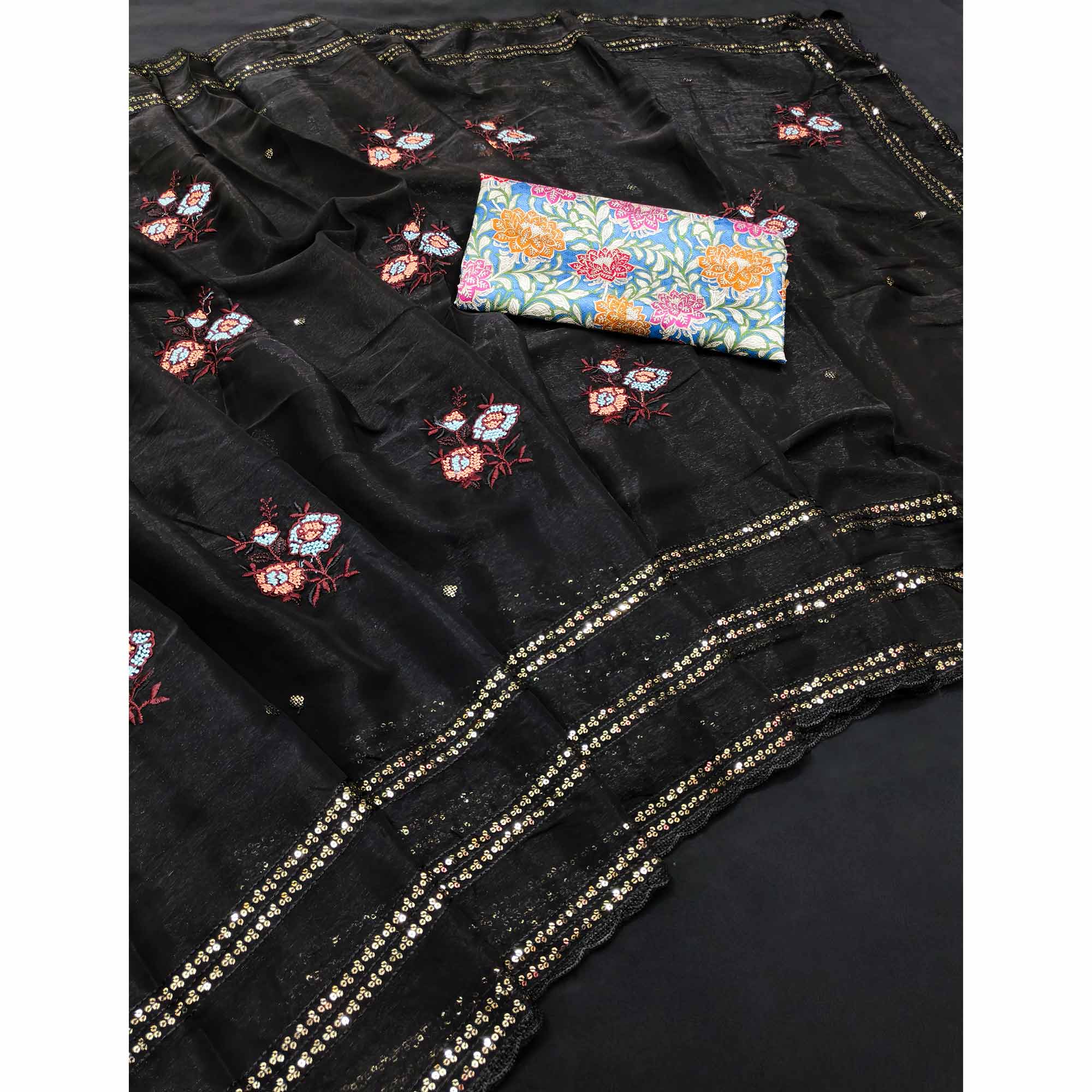 Black Floral Sequins Embroidered Organza Saree for Special Occasions