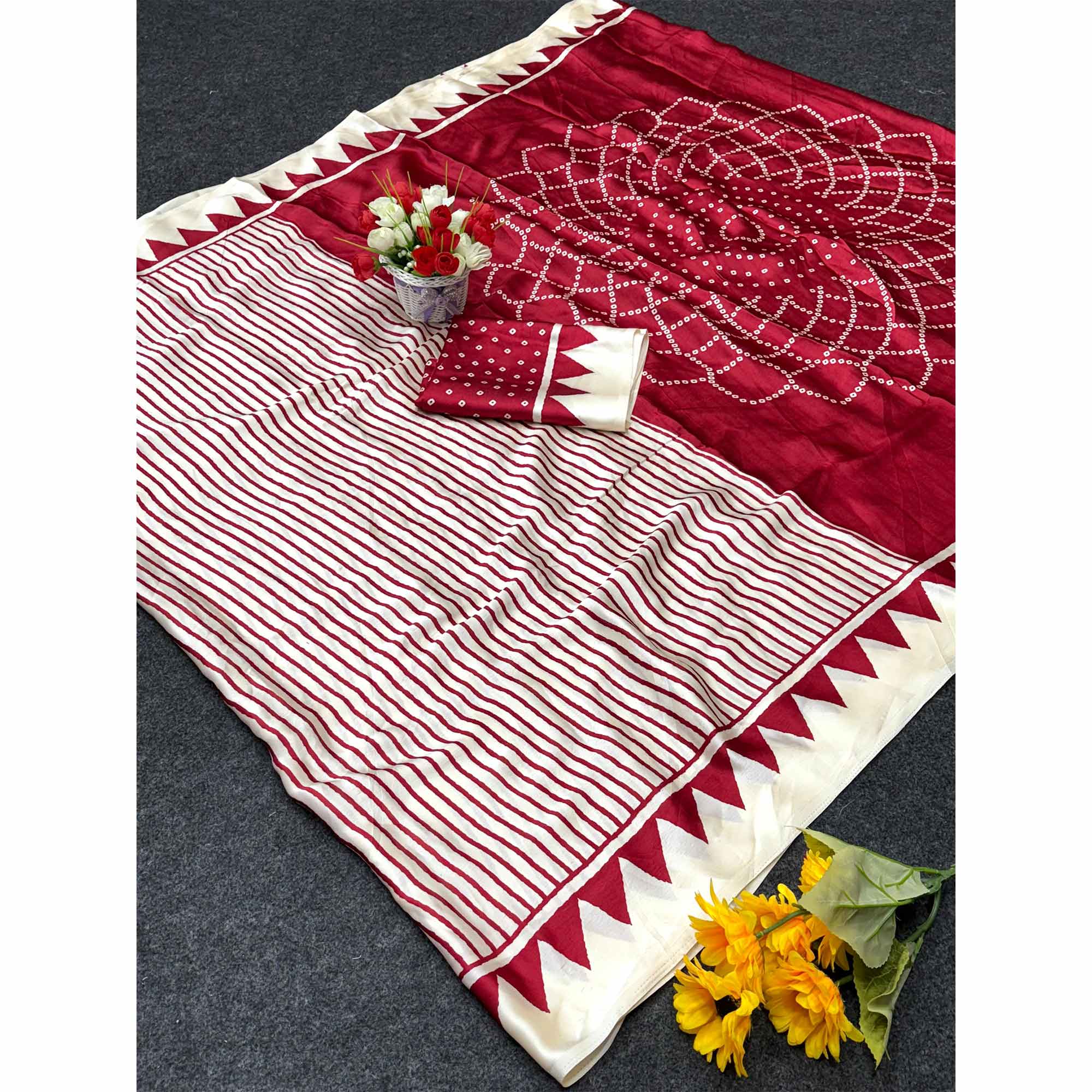 Party Perfect Off White & Pink Saree Crafted in Cream Crepe Fabric with Striped Print