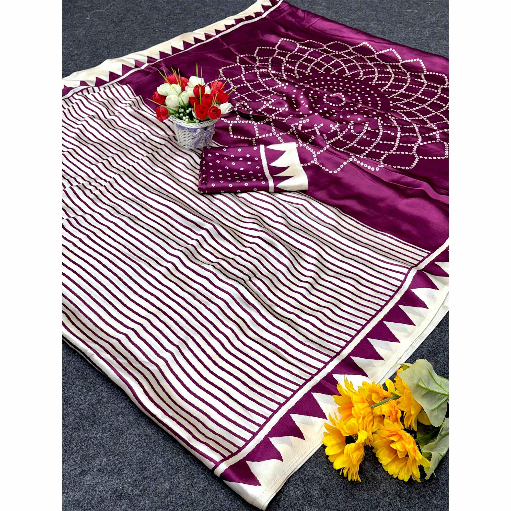 Party Perfect Off White & Purple Saree Crafted in Cream Crepe Fabric with Striped Print