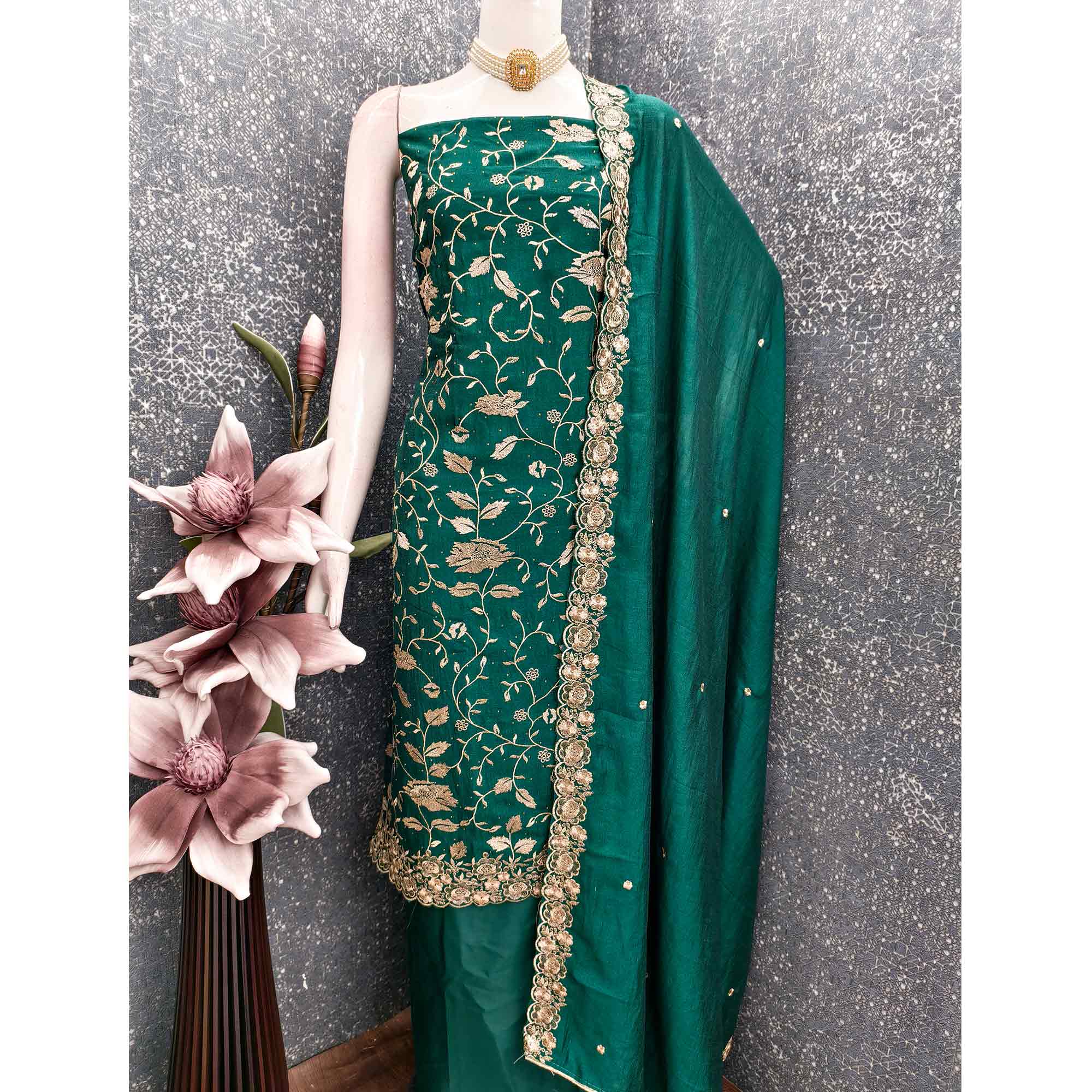 Teal Green Vichitra Silk Dress Material With Delicate Floral Embroidery & Sparkling Stone Accents