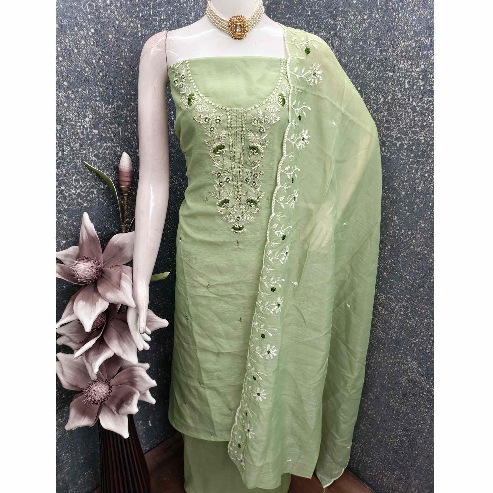 Green Art Silk Dress Material With Graceful Floral Thread Embroidery & Sparkling Sequins