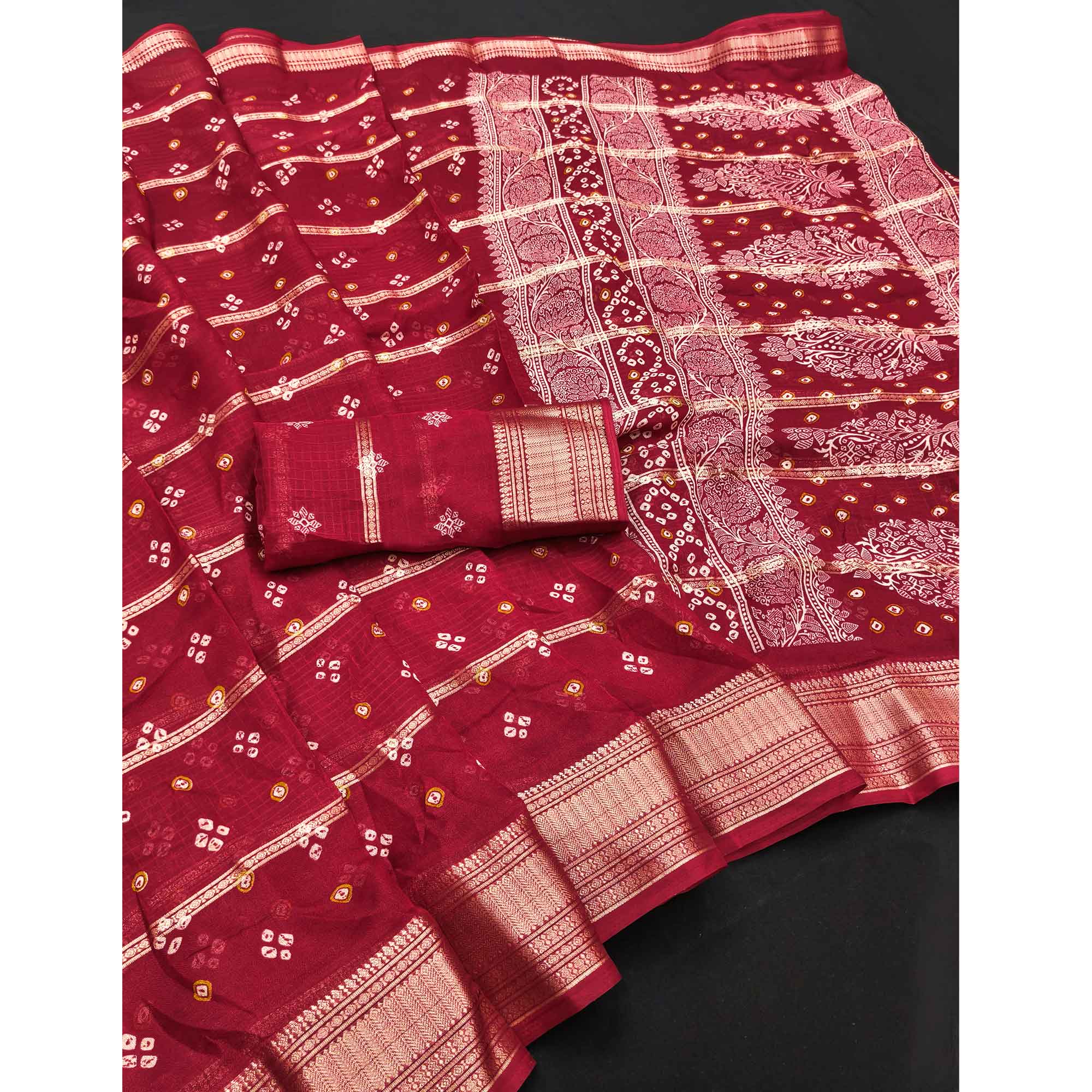 Classic Red Art Silk Saree With Striped Weaving & Traditional Bandhani Print