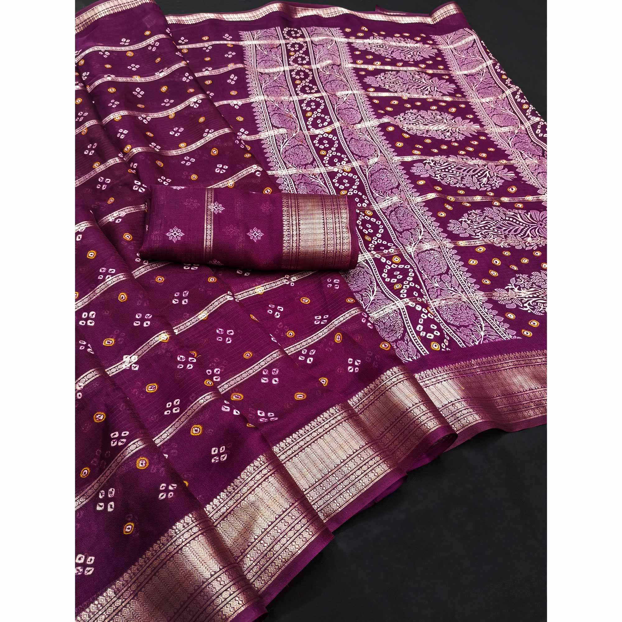 Classic Wine Art Silk Saree With Striped Weaving & Traditional Bandhani Print