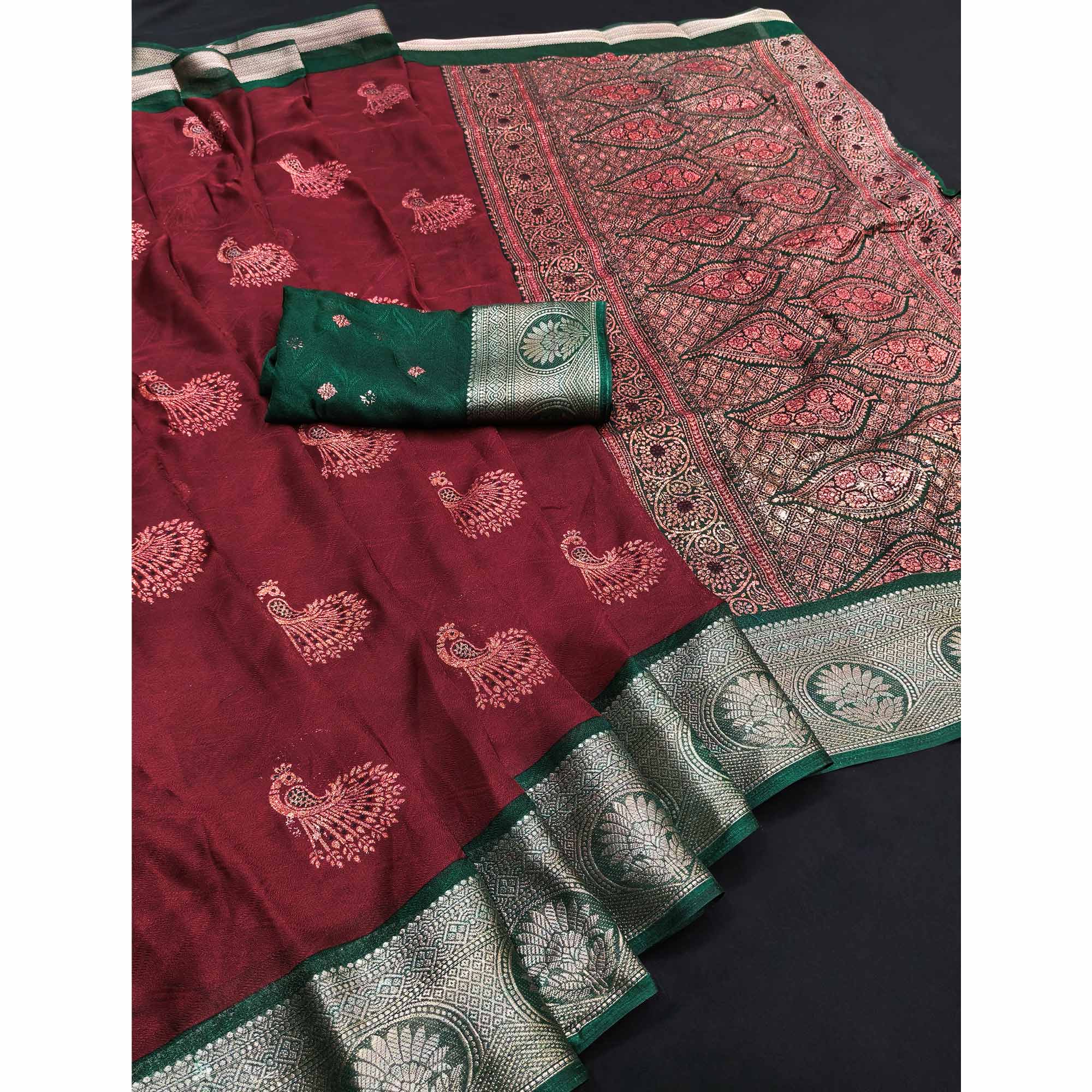 Festive Maroon Dola Silk Saree Enhanced with Ornate Zari Weaving