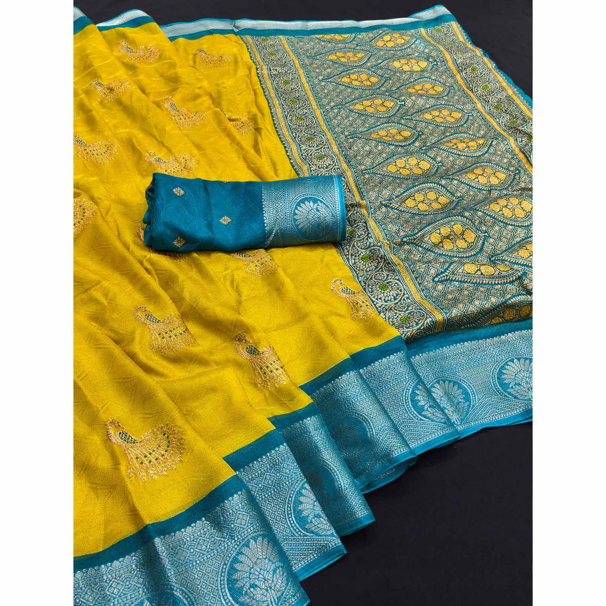 Festive Yellow Dola Silk Saree Enhanced with Ornate Zari Weaving
