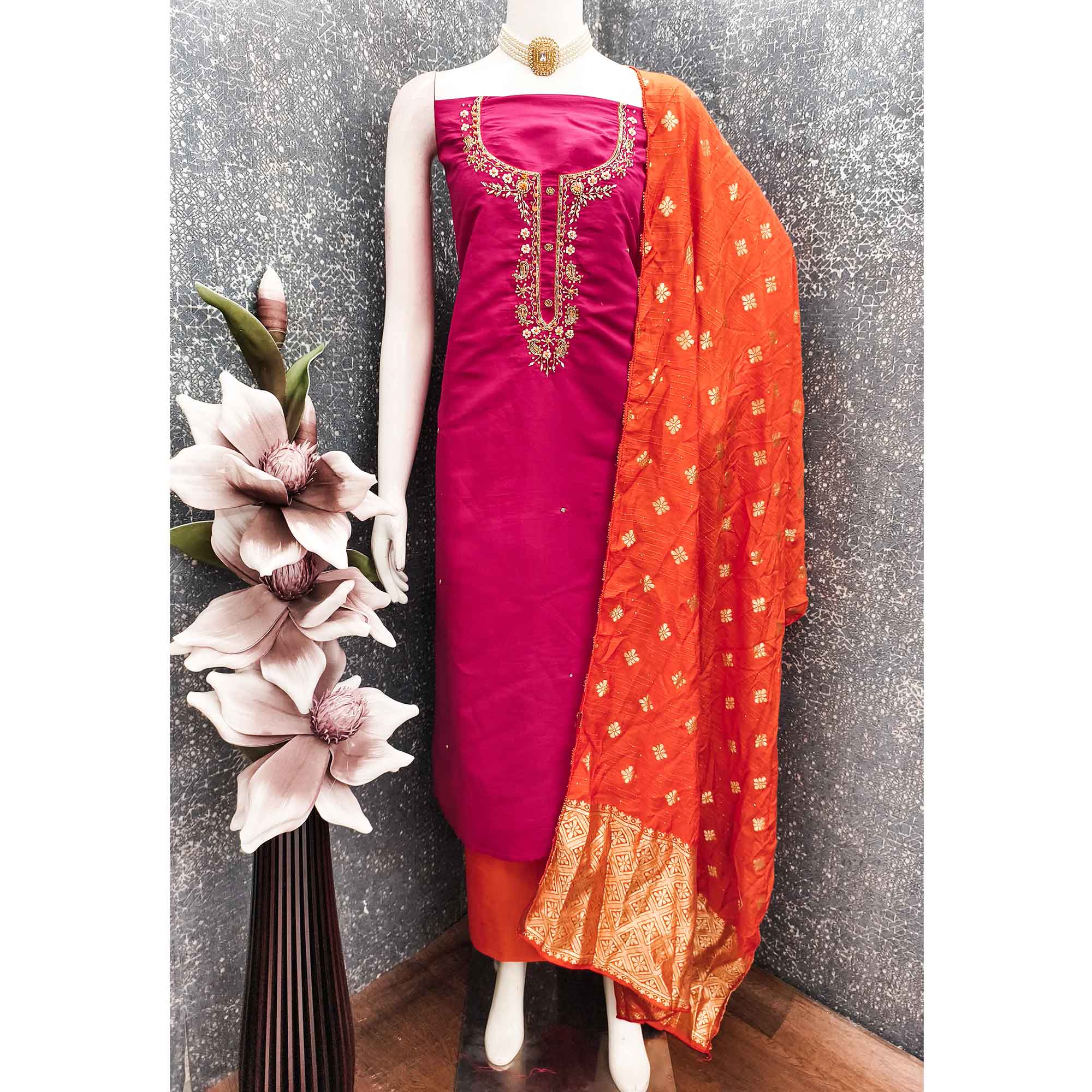 Pink Chanderi Silk Dress Material Featuring Intricate Beads & Stone Embroidery