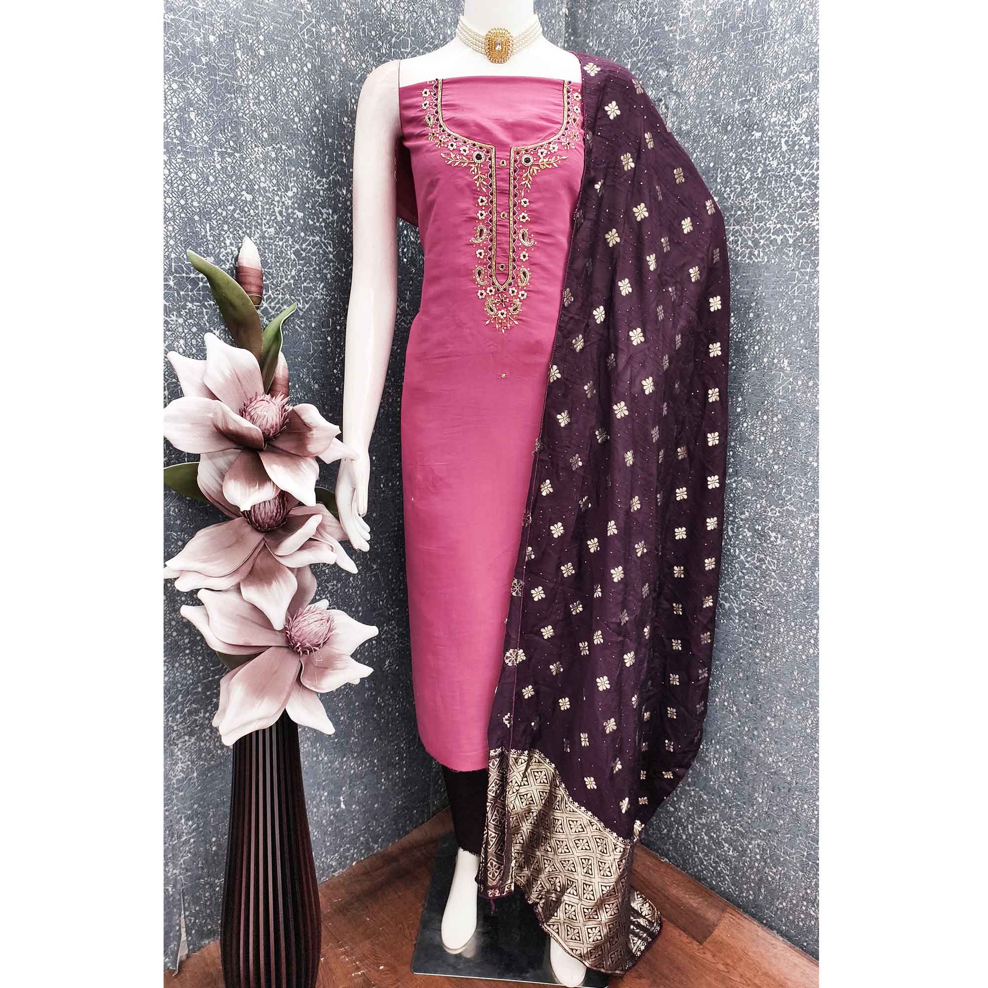 Rose Pink Chanderi Silk Dress Material Featuring Intricate Beads & Stone Embroidery