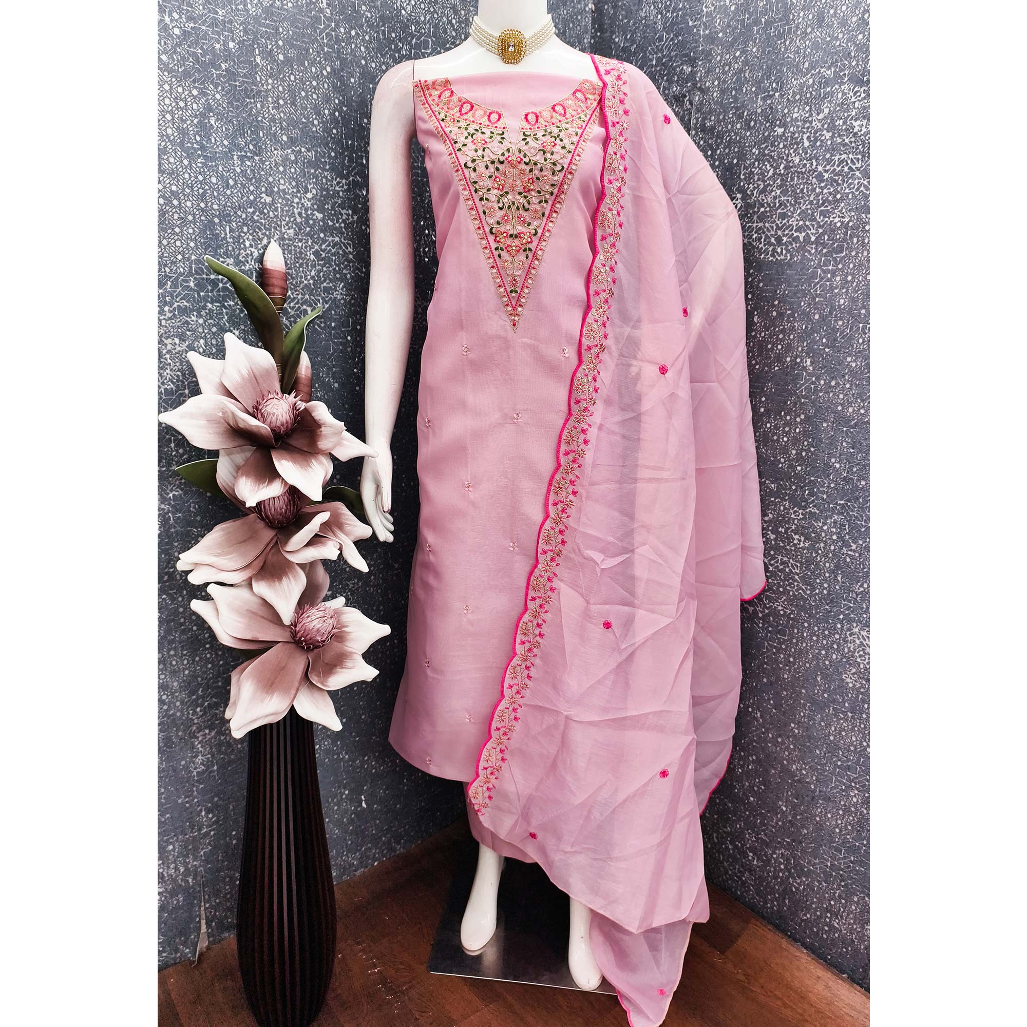 Vibrant Pink Art Silk Dress Fabric with Timeless Golden Thread Embellishment