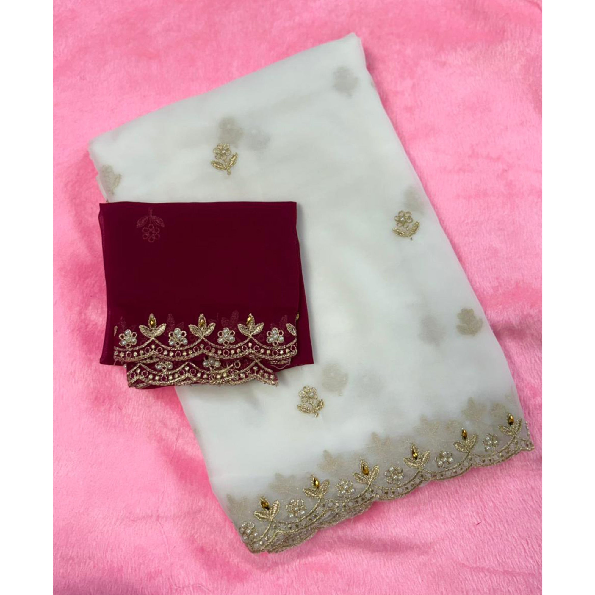 Graceful White Georgette Saree Adorned With Floral Embroidery & Moti Beads Detailing