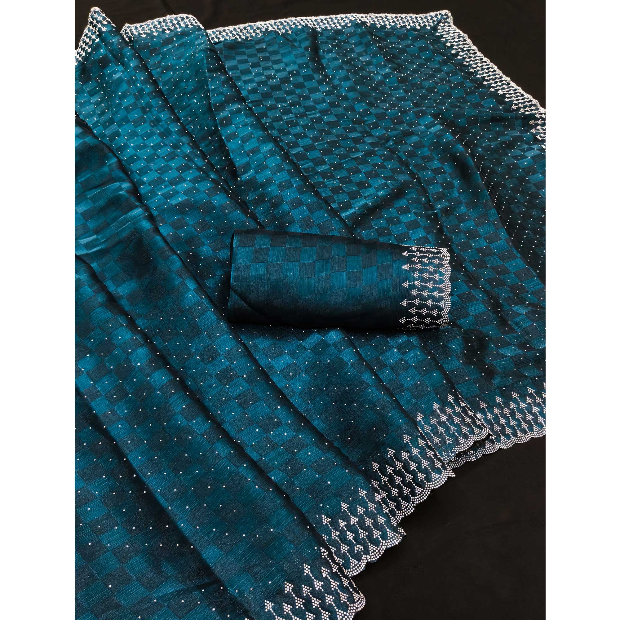 Elegant Morpich Blue Checks Chiffon Silk Saree Embellished With Swarovski Crystals