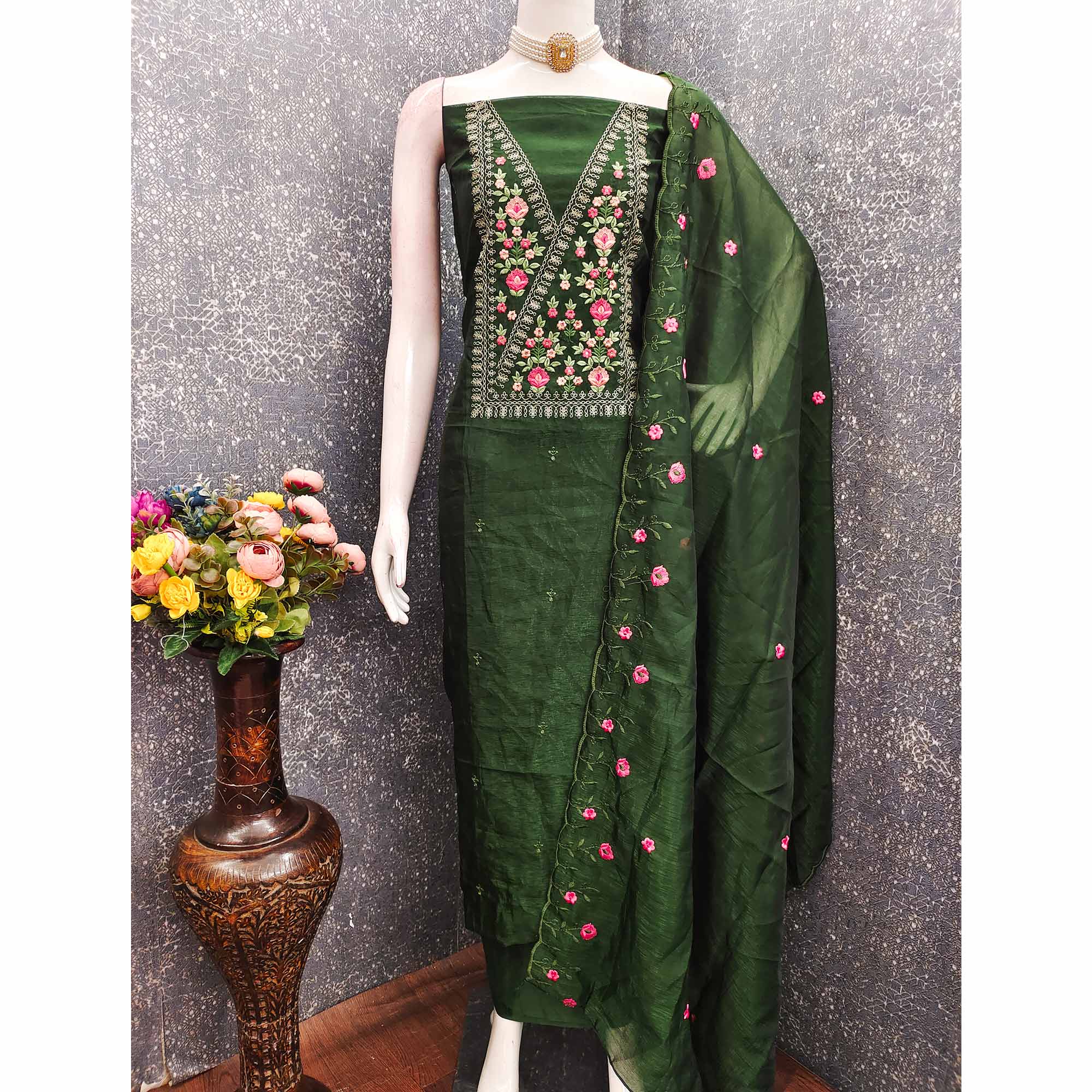 Majestic Bloom Green Art Silk Dress Material With Exquisite Floral & Sequins Detailing