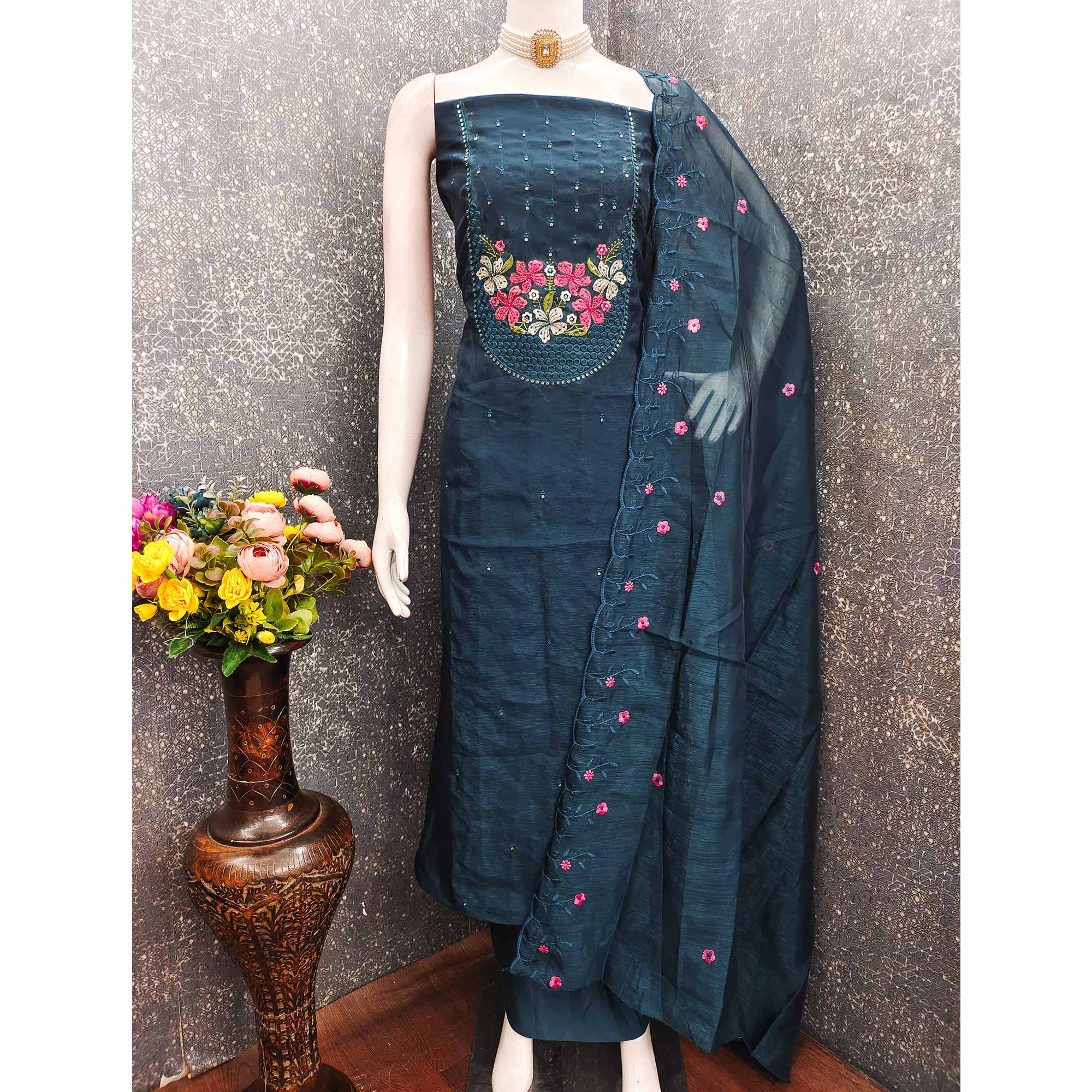 Ethereal Grace Blue Floral Embroidered & Sequins Enhanced Art Silk Dress Material
