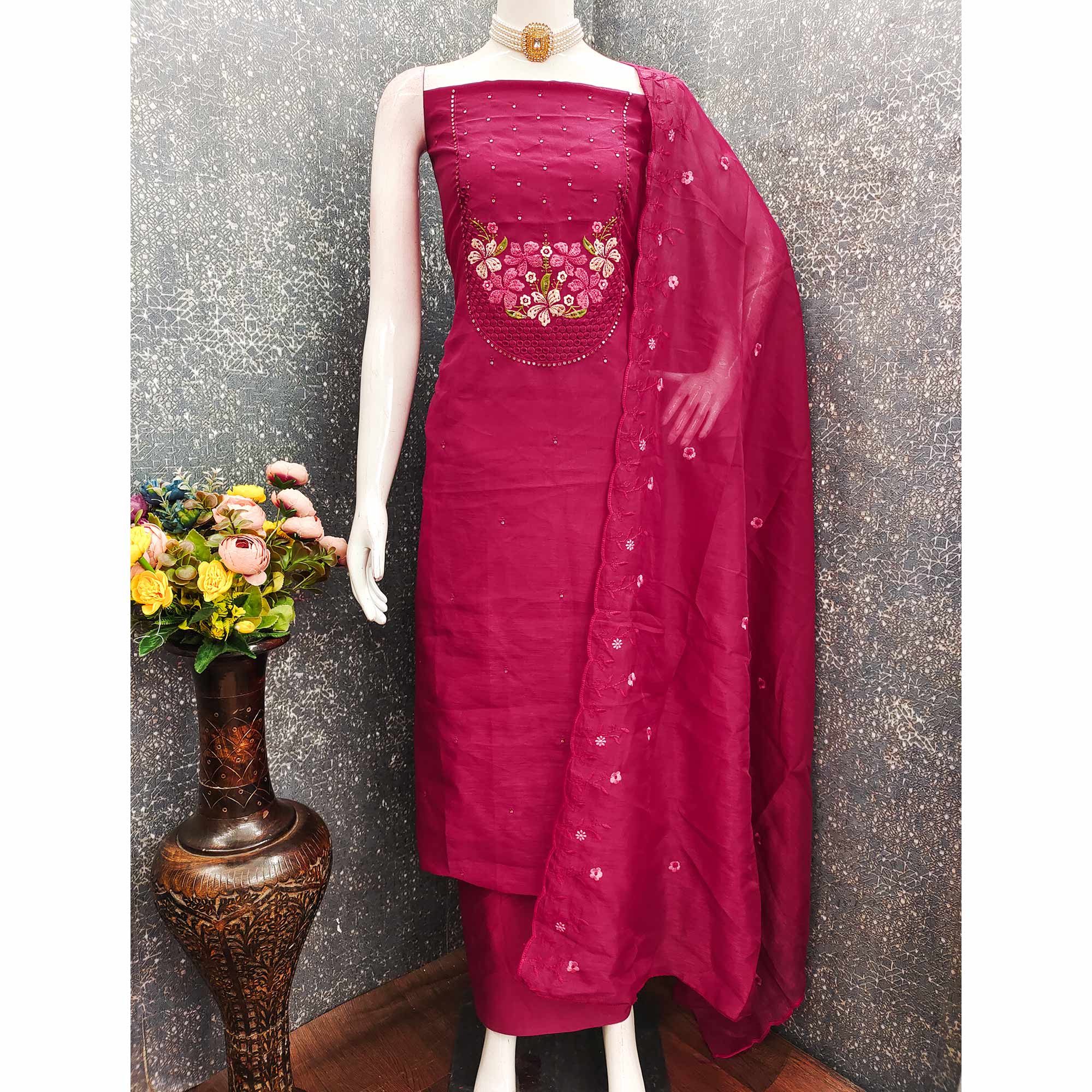 Ethereal Grace Pink Floral Embroidered & Sequins Enhanced Art Silk Dress Material