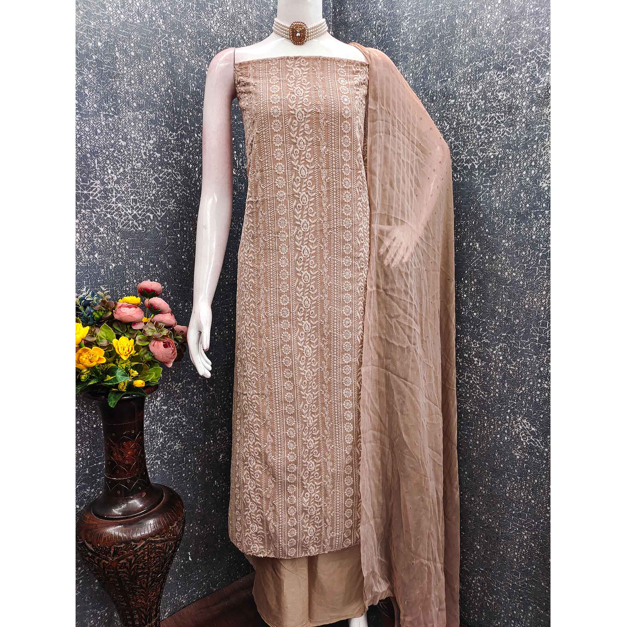 Stunning Brown Floral Embroidery With Sparkling Sequins Work Georgette Dress Material