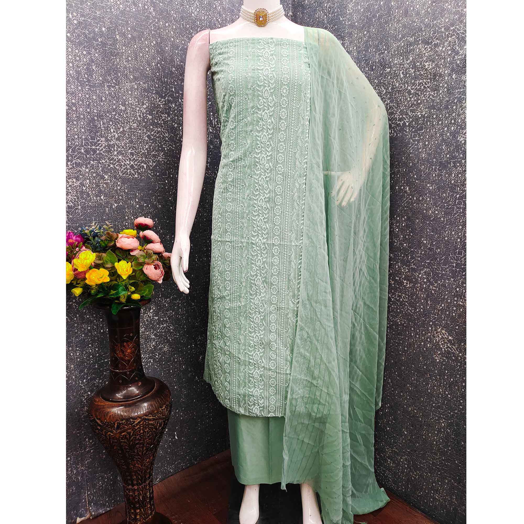 Stunning Green Floral Embroidery With Sparkling Sequins Work Georgette Dress Material
