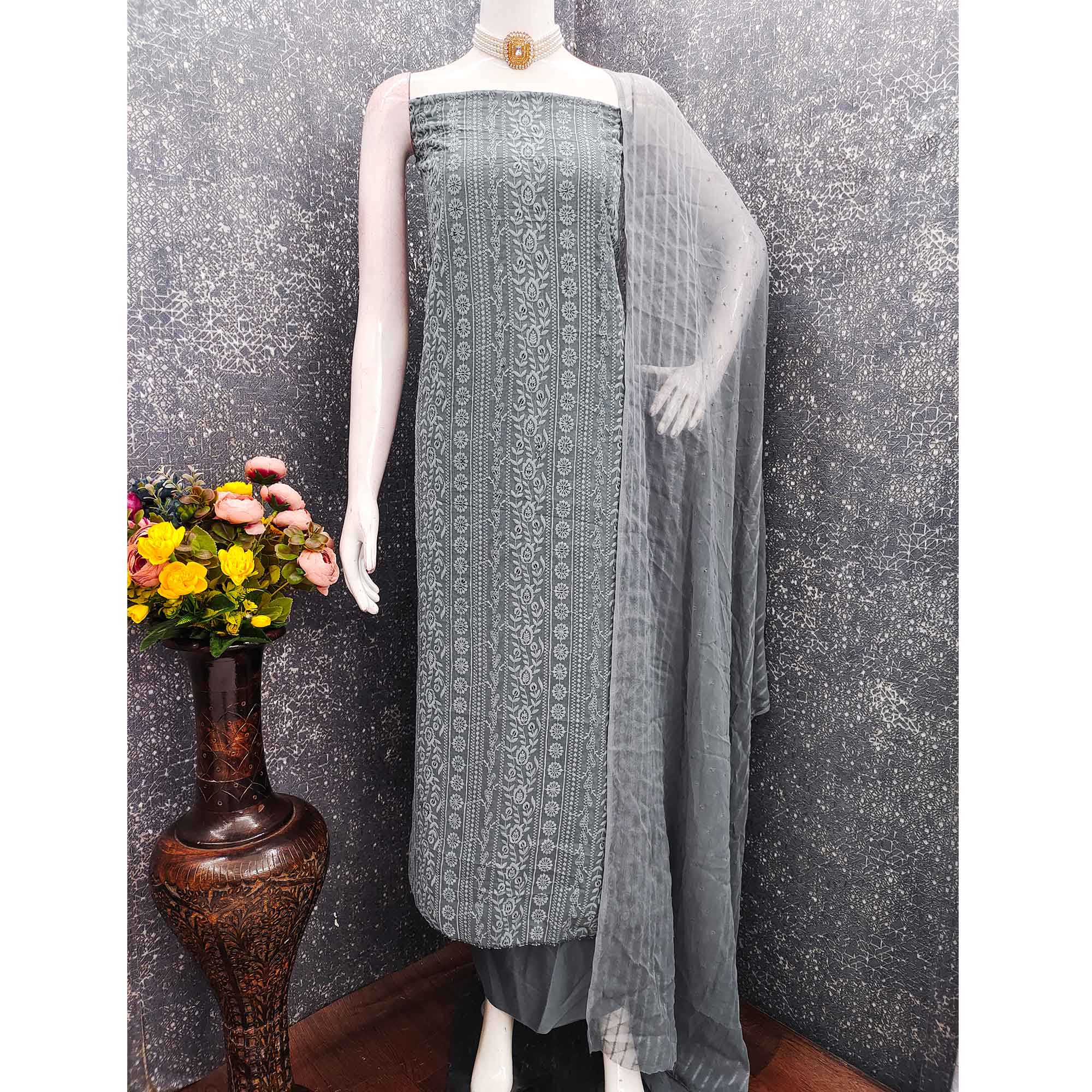 Stunning Grey Floral Embroidery With Sparkling Sequins Work Georgette Dress Material