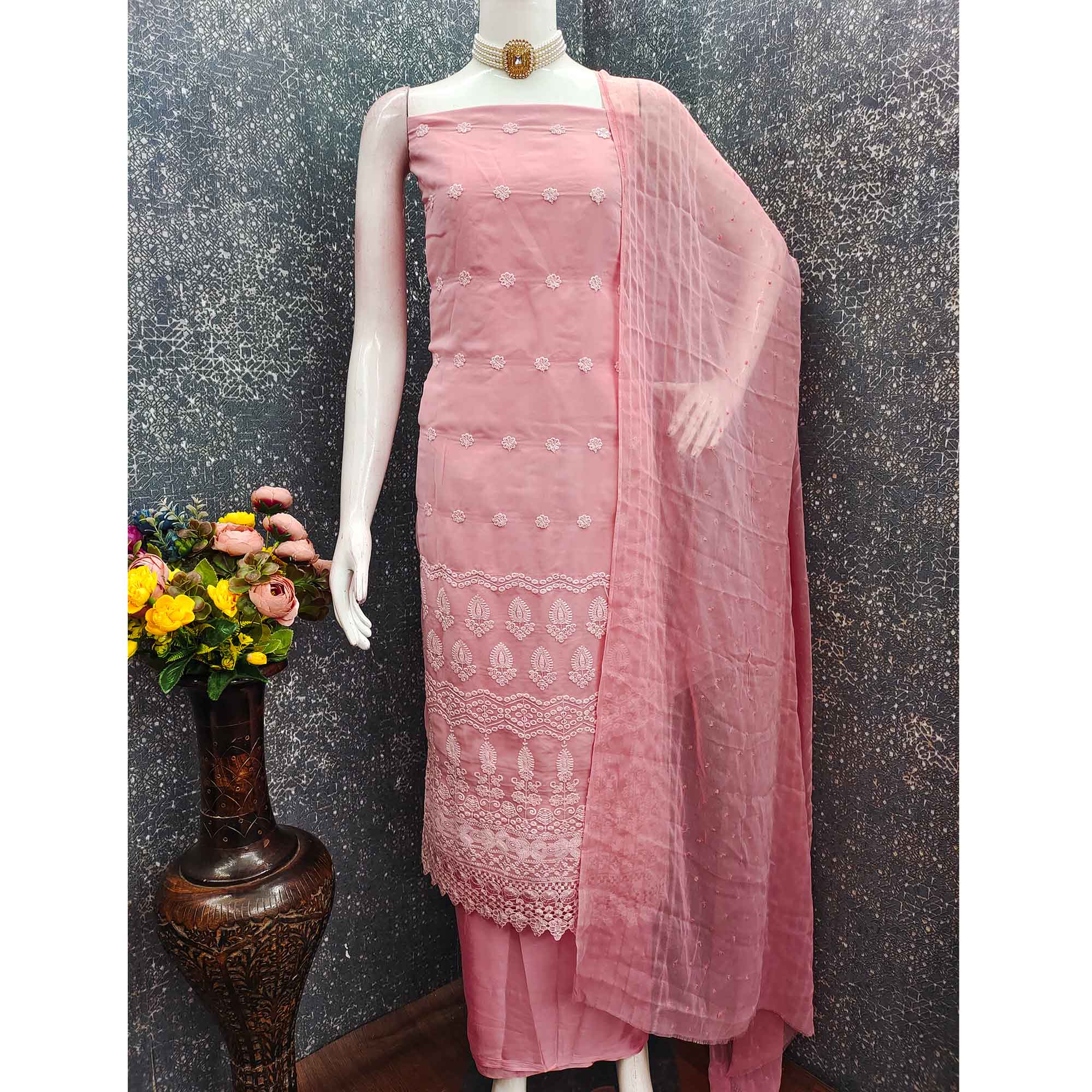 Stunning Light Rose Pink Floral Embroidery With Sparkling Sequins Work Georgette Dress Material
