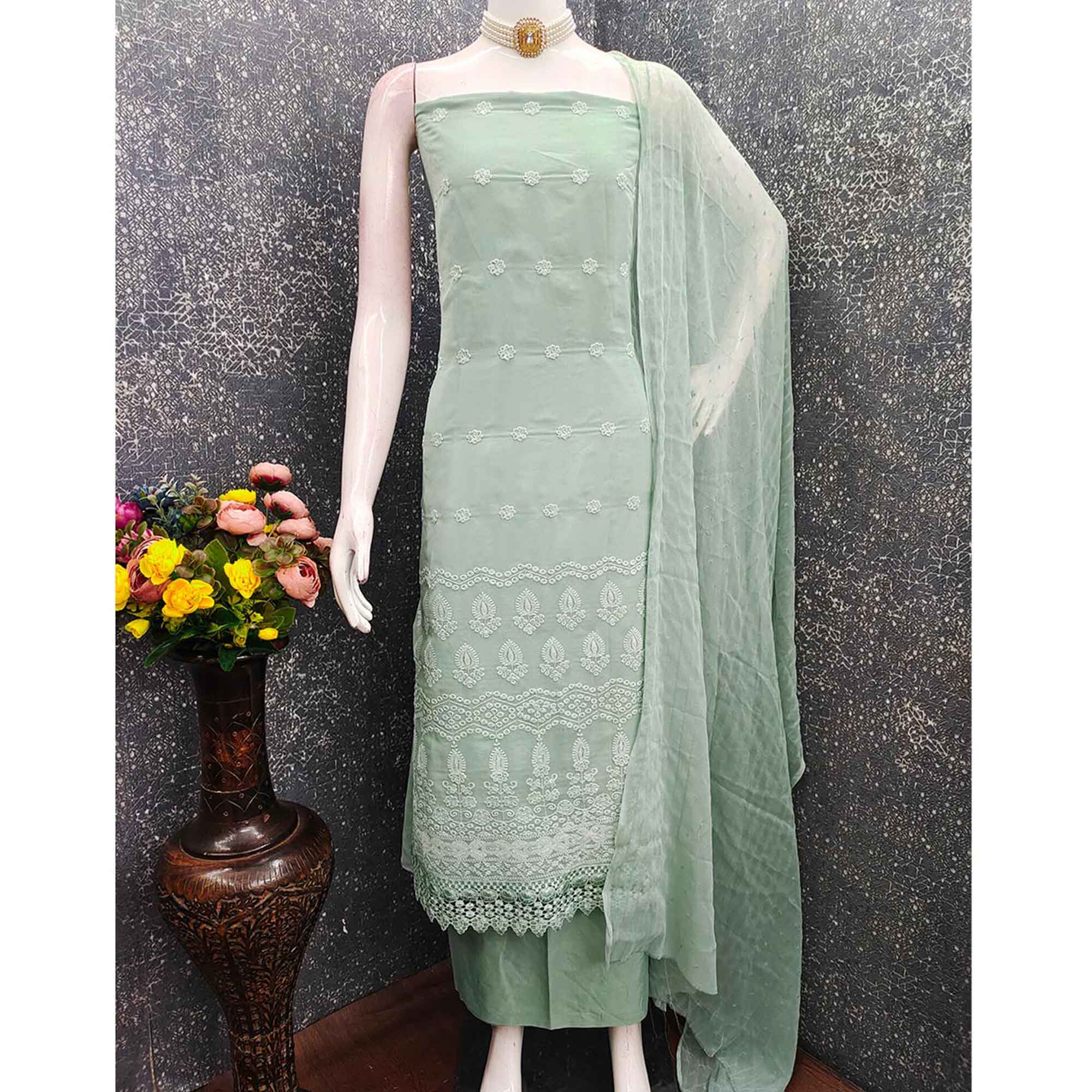 Stunning Sea Green Floral Embroidery With Sparkling Sequins Work Georgette Dress Material
