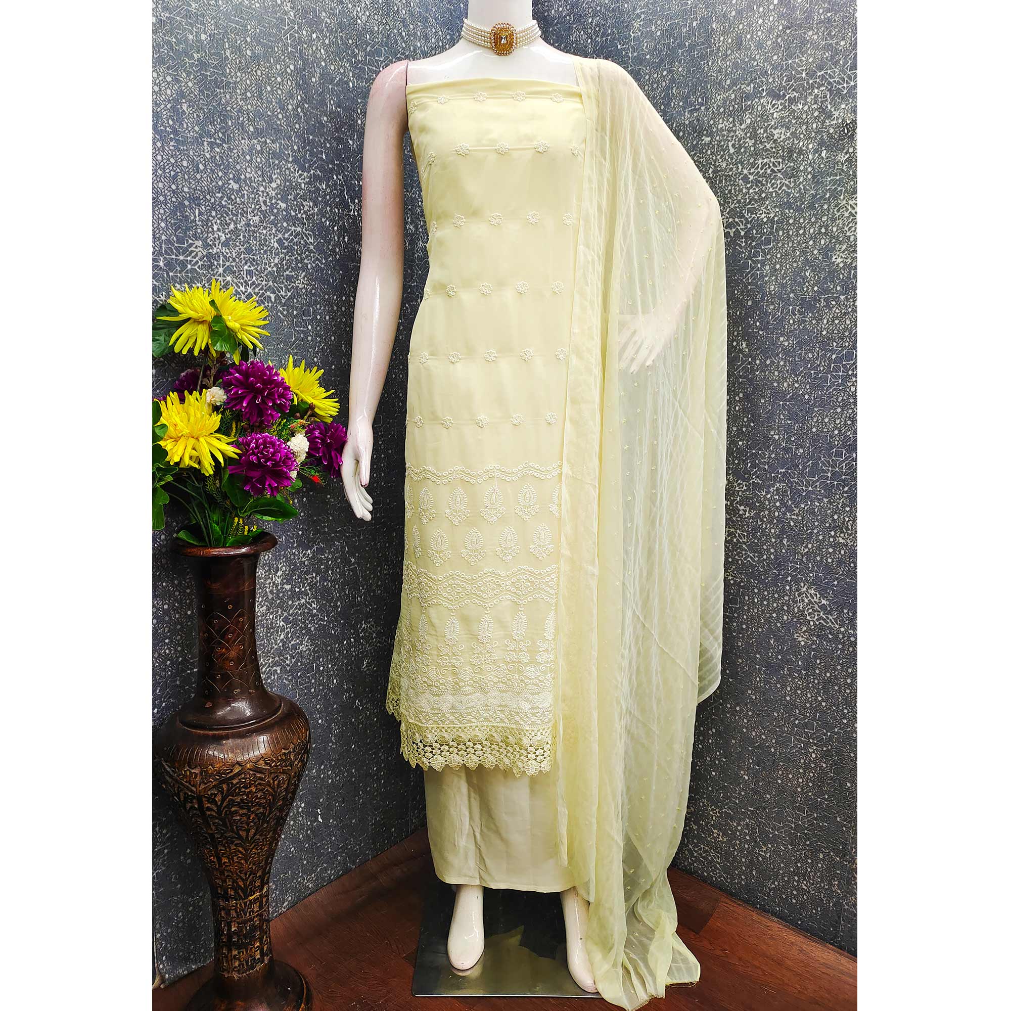 Stunning Yellow Floral Embroidery With Sparkling Sequins Work Georgette Dress Material