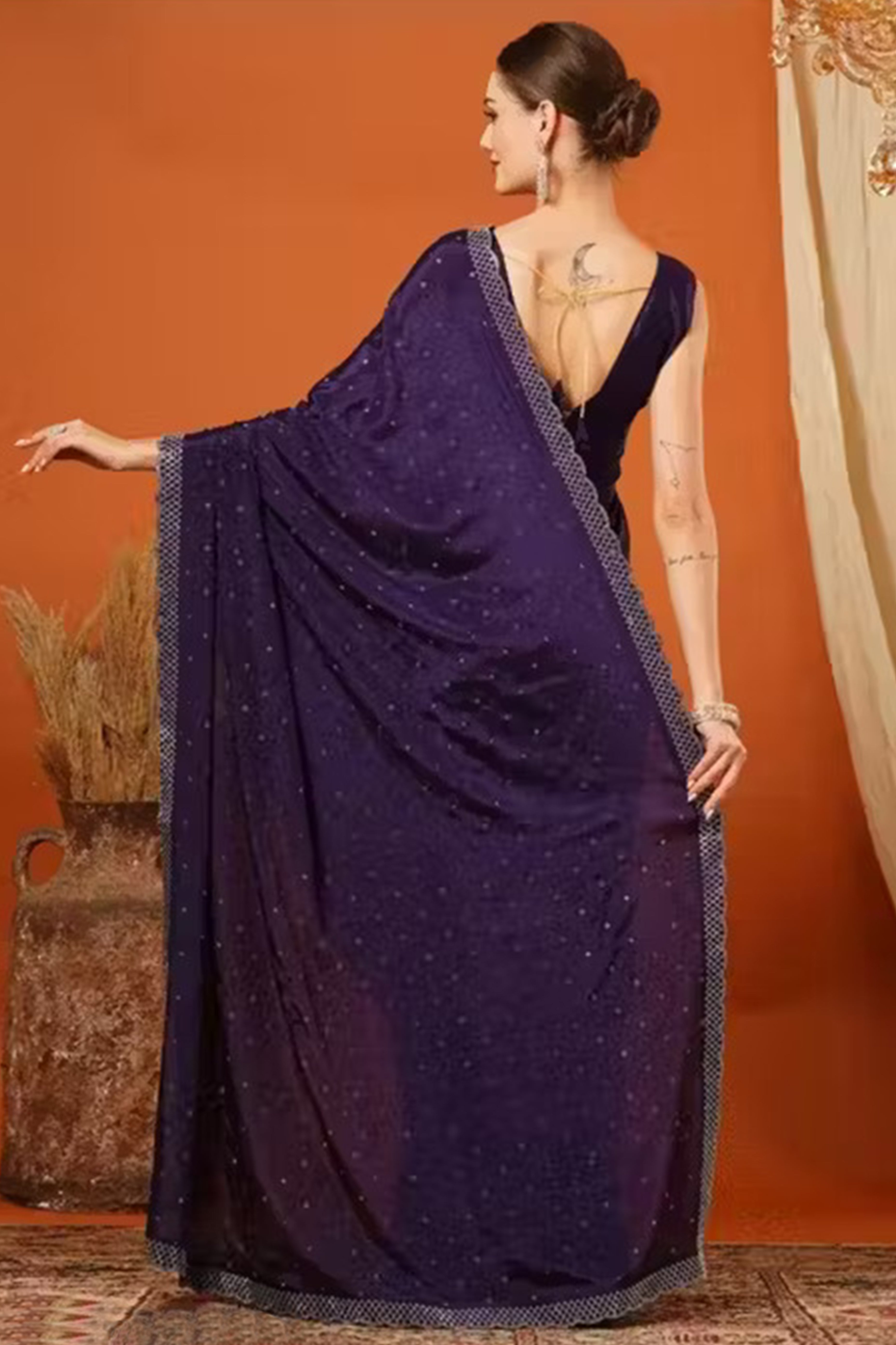 Partywear Wine Vichitra Silk Saree Highlighted with Sparkling Swarovski Stones