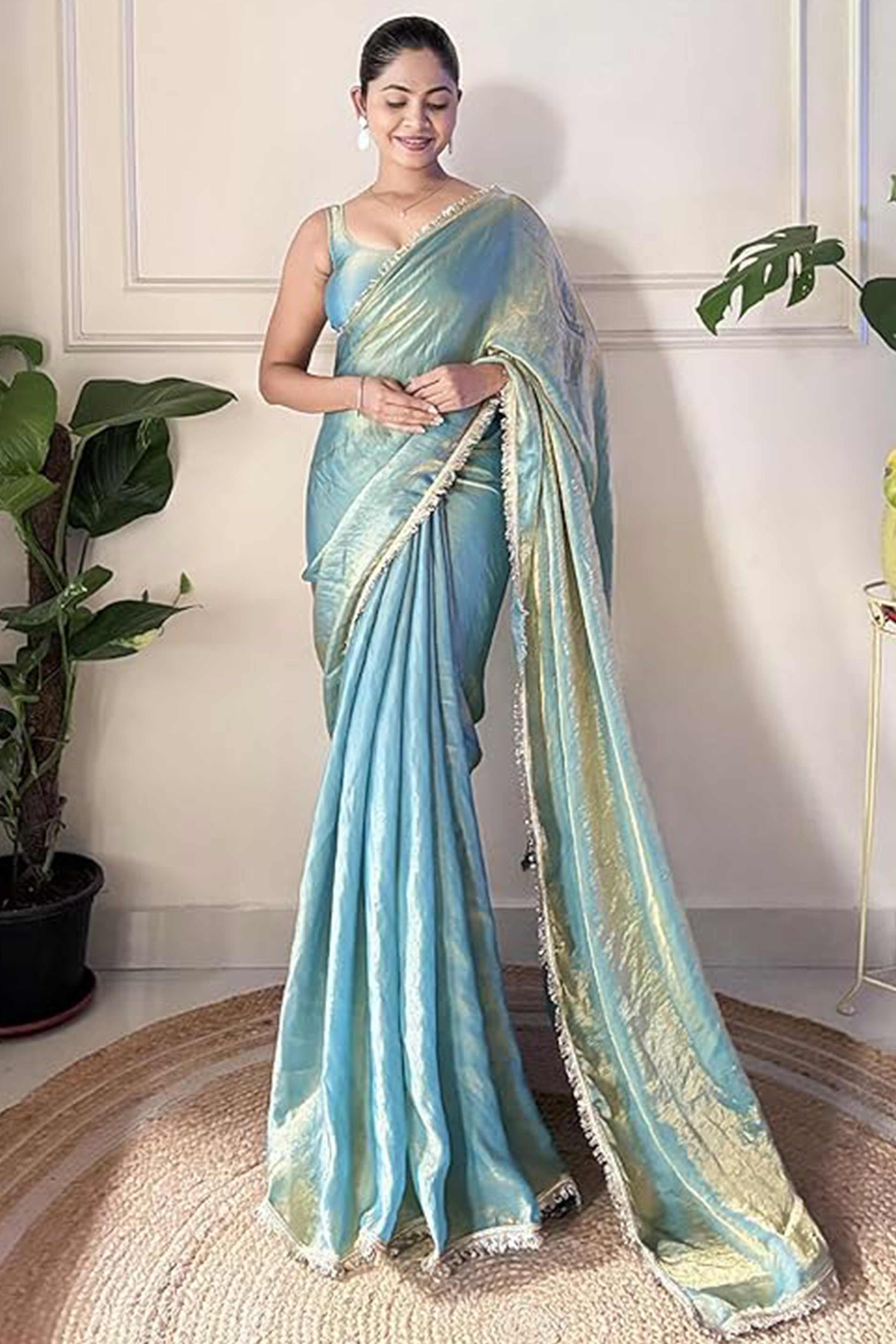 Modern Blue Organza Satin Silk Saree With Refined Lace Border For Elegant Occasions