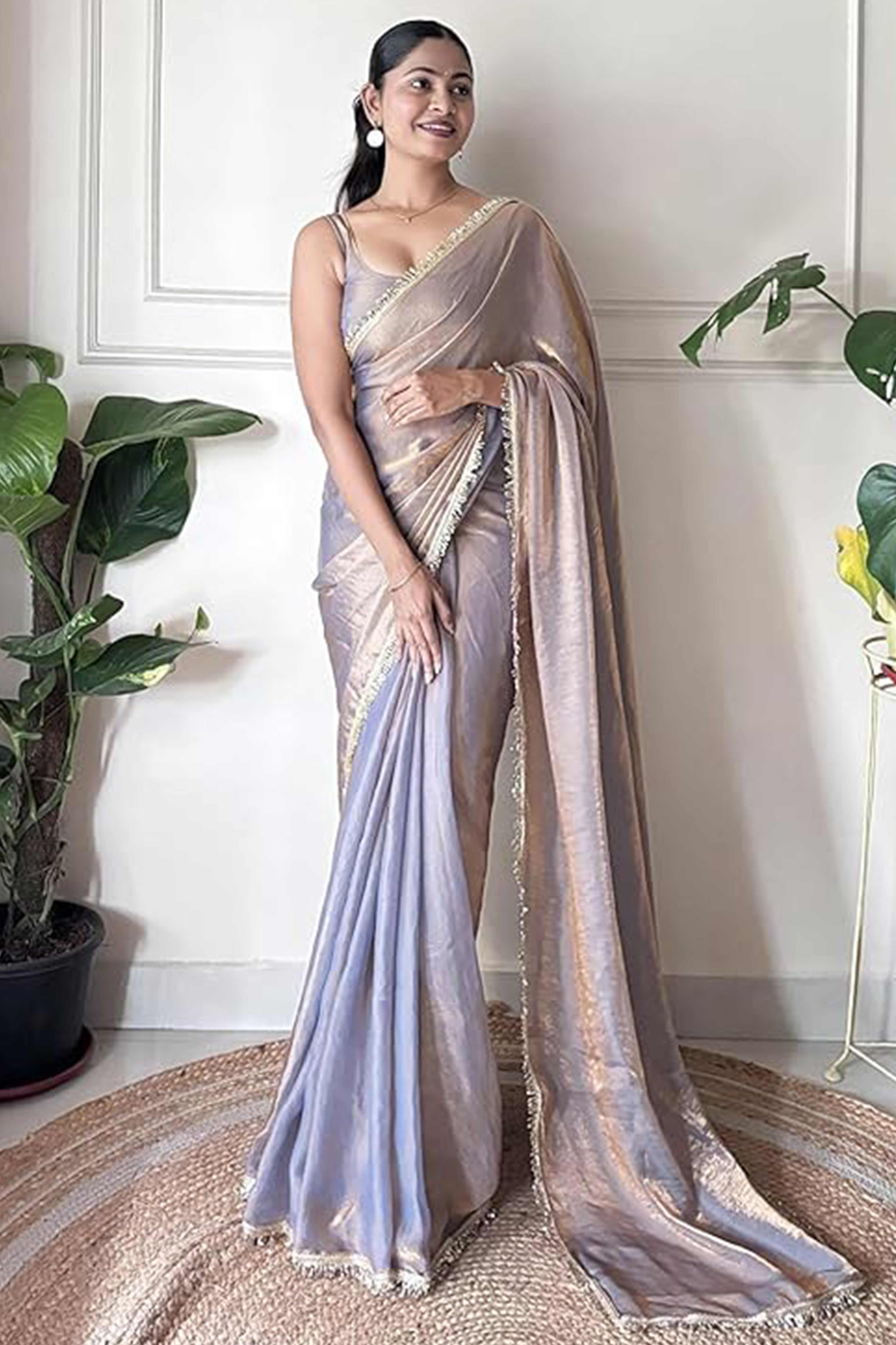 Modern Lavender Organza Satin Silk Saree With Refined Lace Border For Elegant Occasions