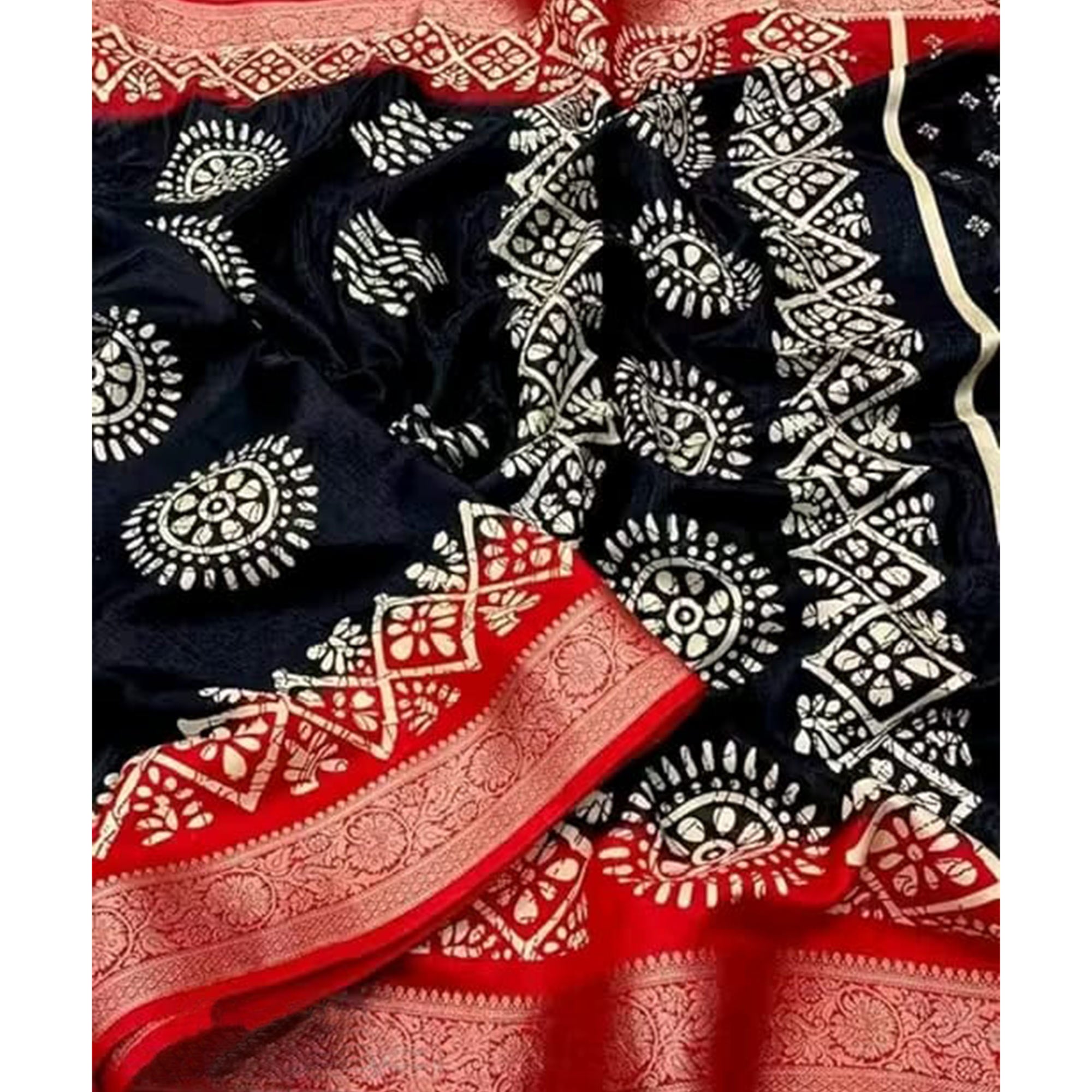 Exclusive Black Batik Printed Saree in Soft Dola Silk Fabric with Intricate Detailing