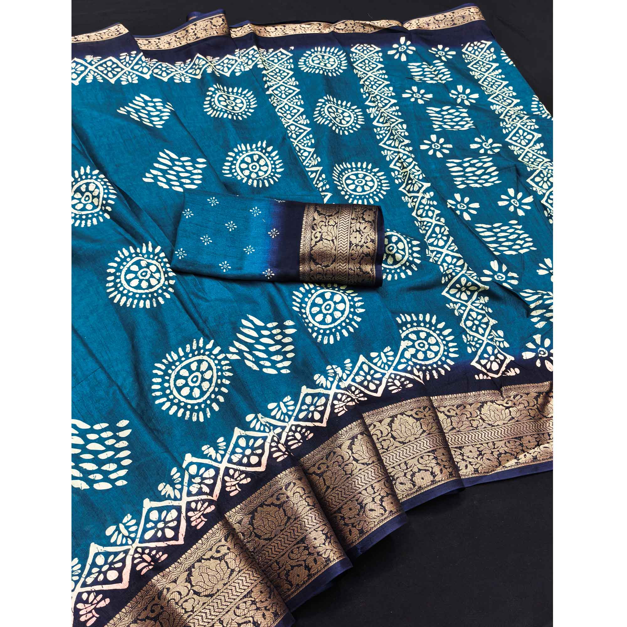 Exclusive Blue Batik Printed Saree in Soft Dola Silk Fabric with Intricate Detailing