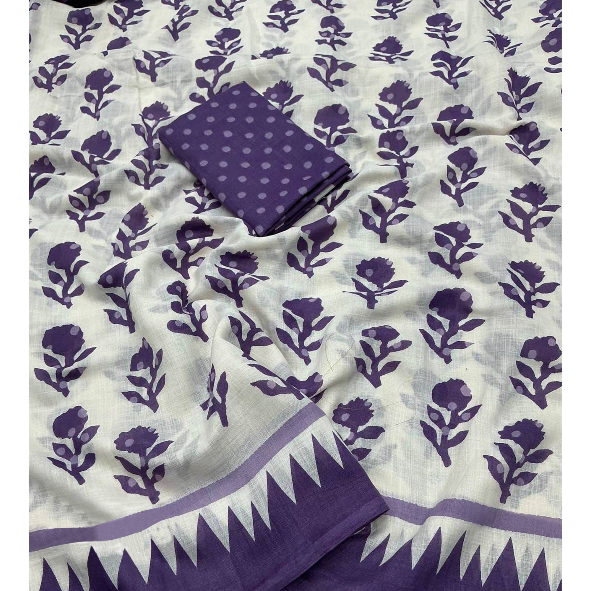 Lightweight White & Purple Floral Print Linen Saree Perfect Blend of Comfort and Style