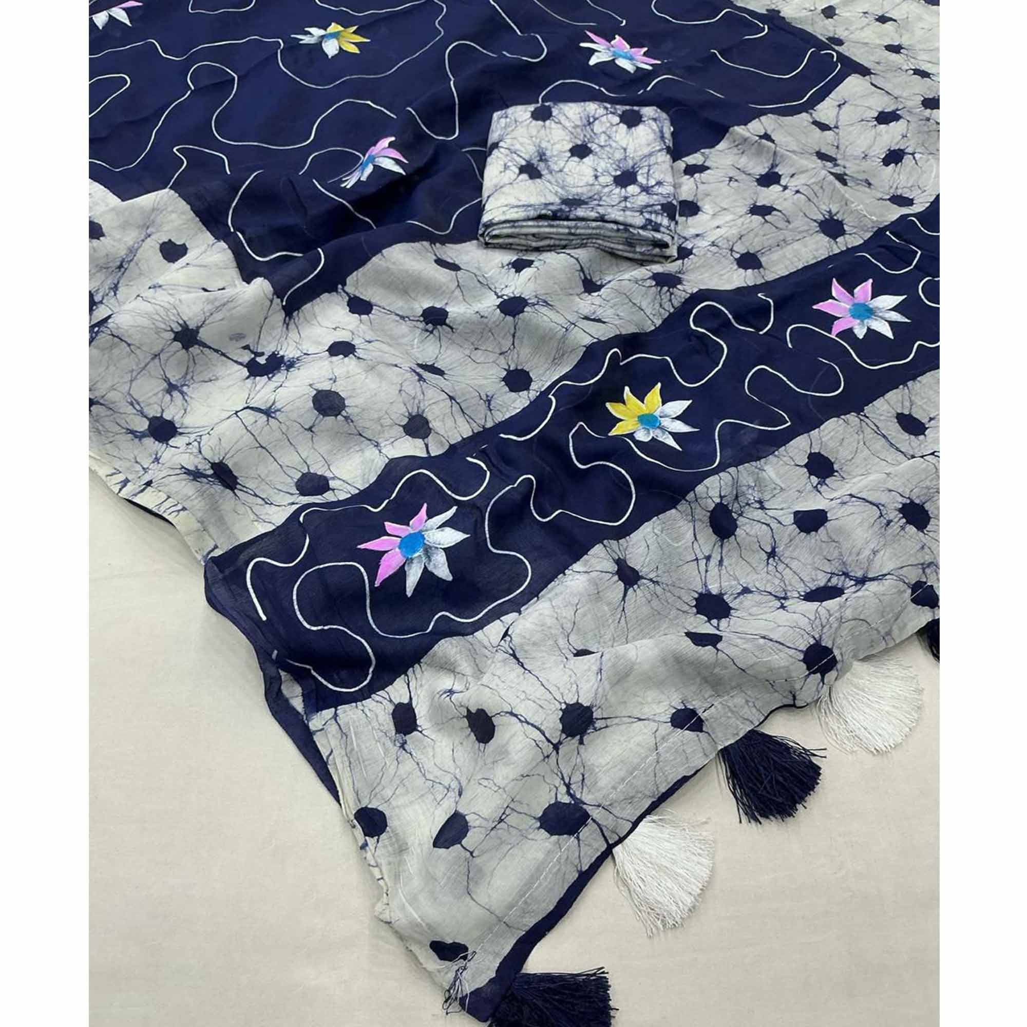 Blue Floral Handprinted Linen Saree for Graceful Ethnic Occasions